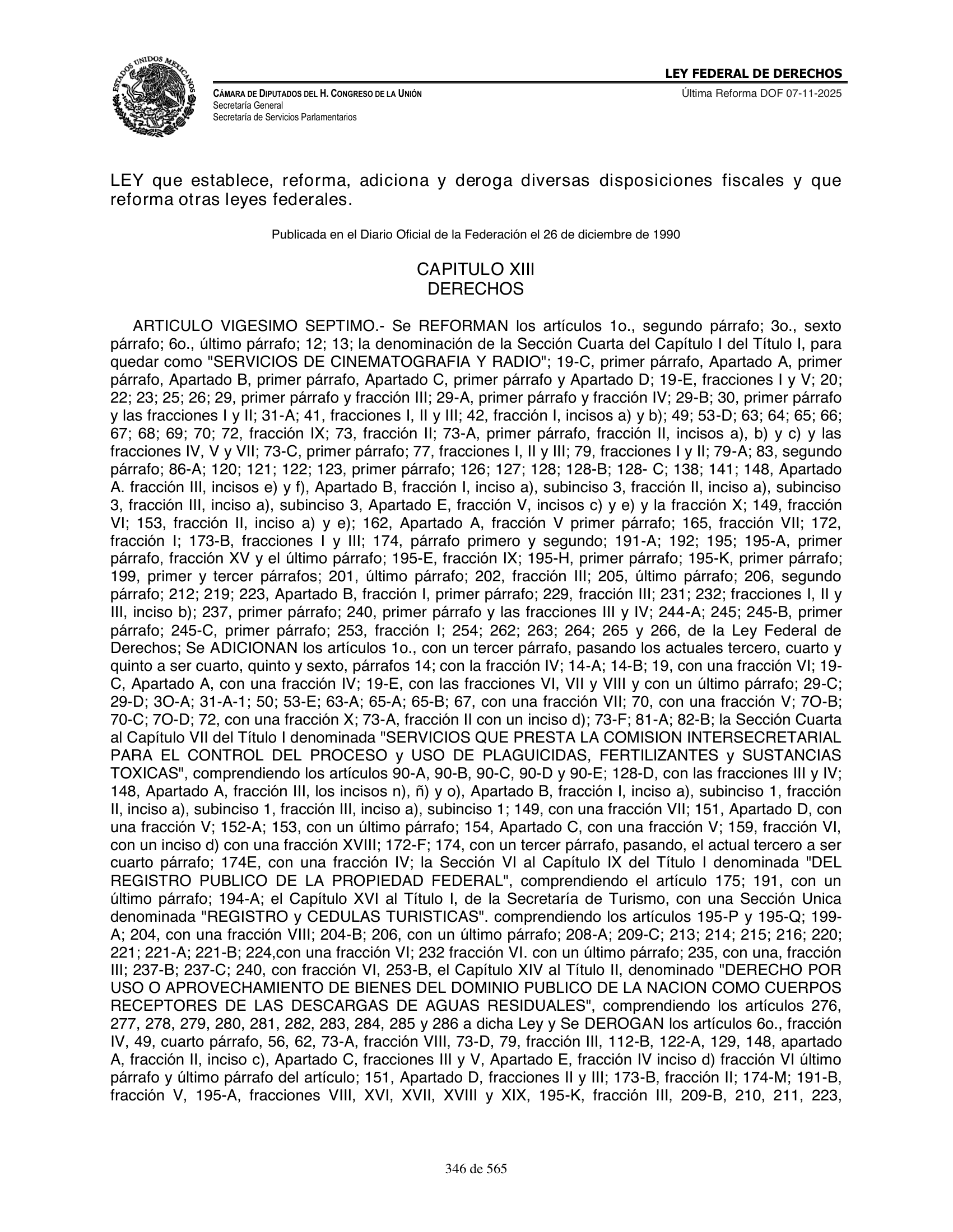 Ley Federal de Derechos — official Chamber compilation — original physical page 346 of 565; complete original page image governs, native search text may be incomplete.
