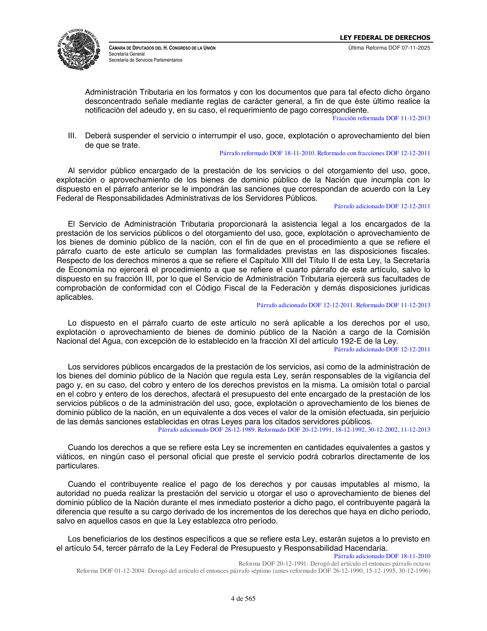 Ley Federal de Derechos — official Chamber compilation — original physical page 4 of 565; complete original page image governs, native search text may be incomplete.