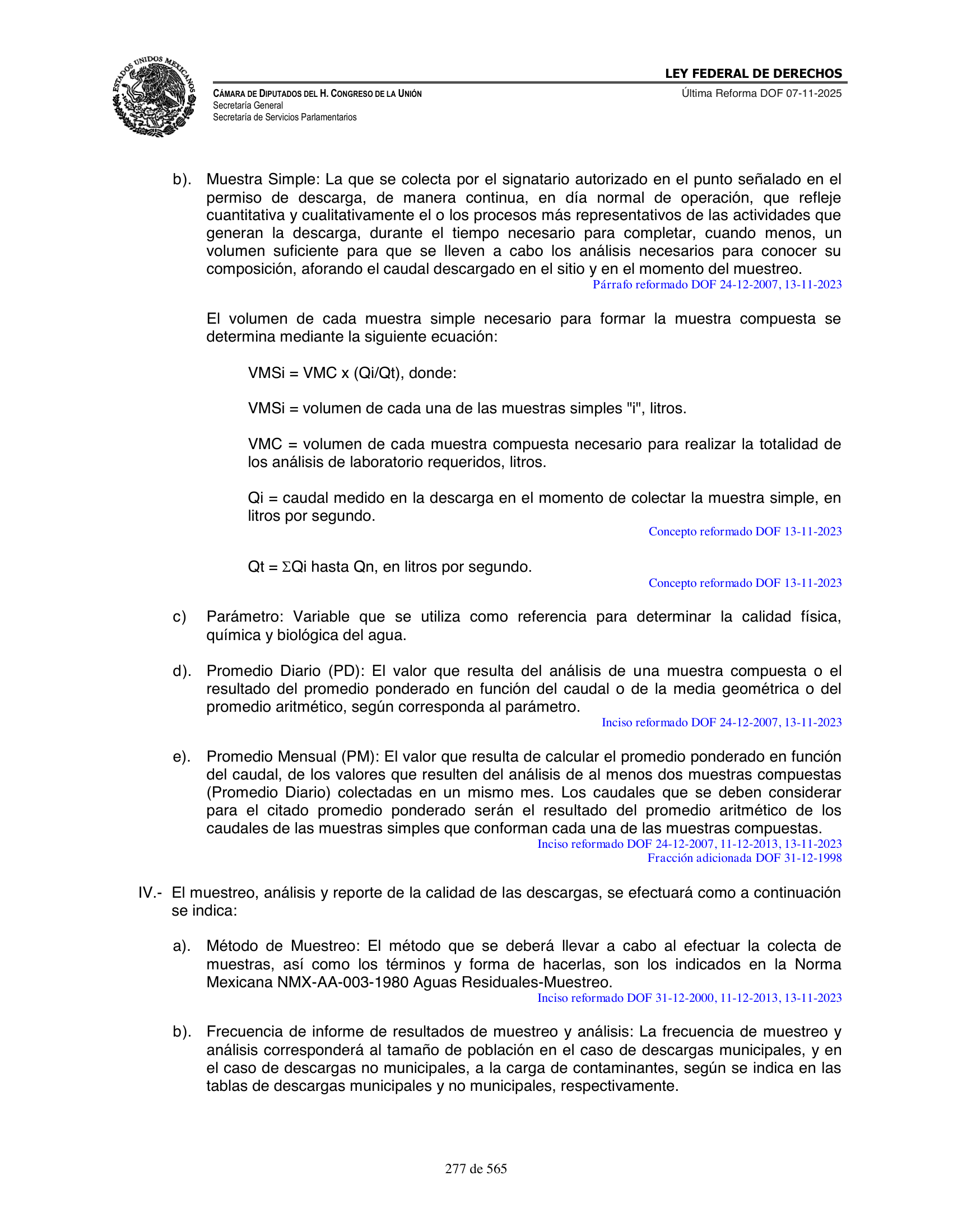 Ley Federal de Derechos — official Chamber compilation — original physical page 277 of 565; complete original page image governs, native search text may be incomplete.