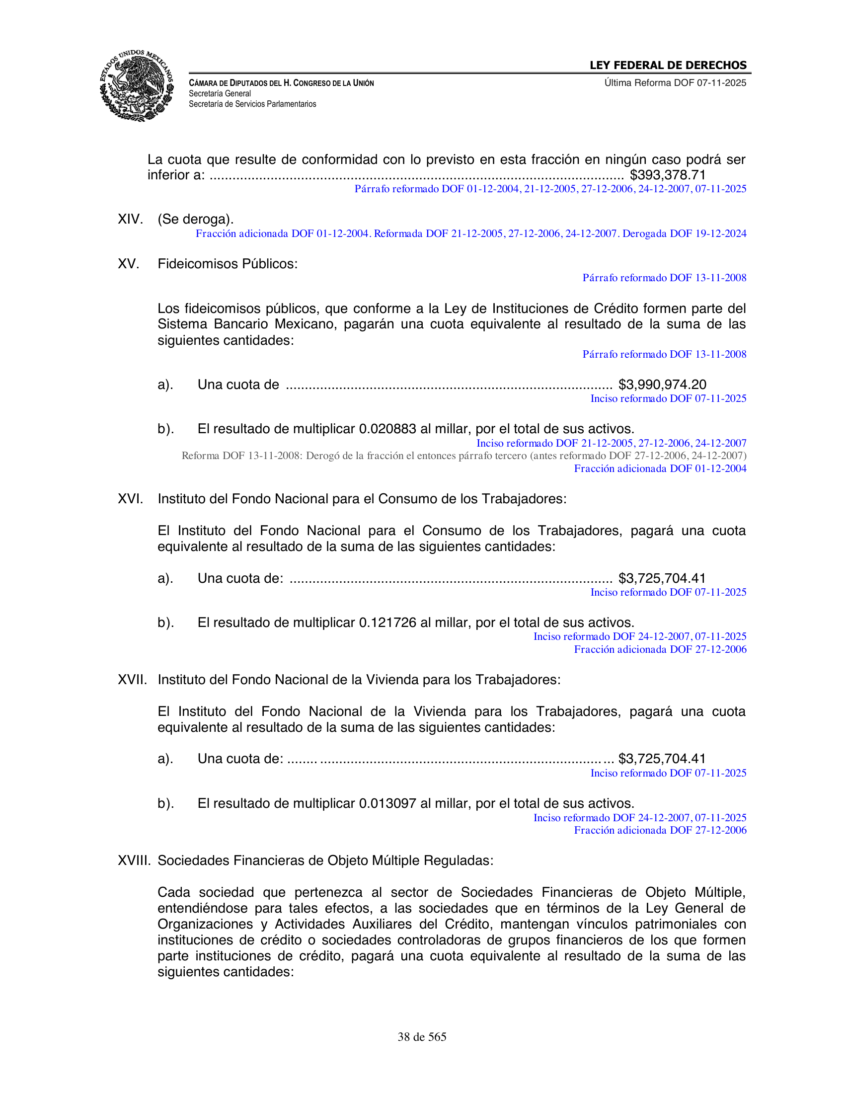 Ley Federal de Derechos — official Chamber compilation — original physical page 38 of 565; complete original page image governs, native search text may be incomplete.