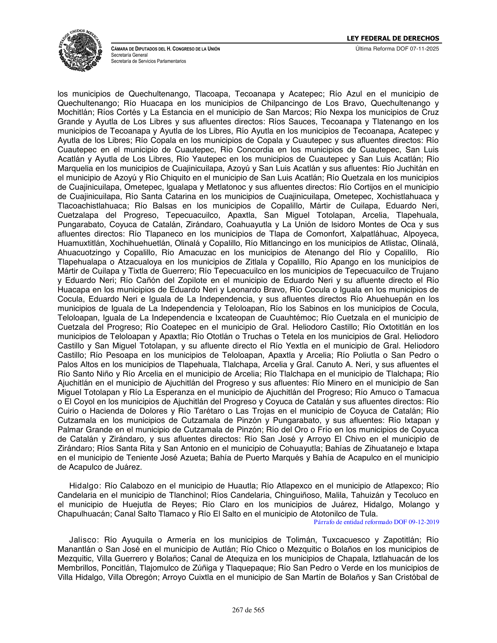 Ley Federal de Derechos — official Chamber compilation — original physical page 267 of 565; complete original page image governs, native search text may be incomplete.