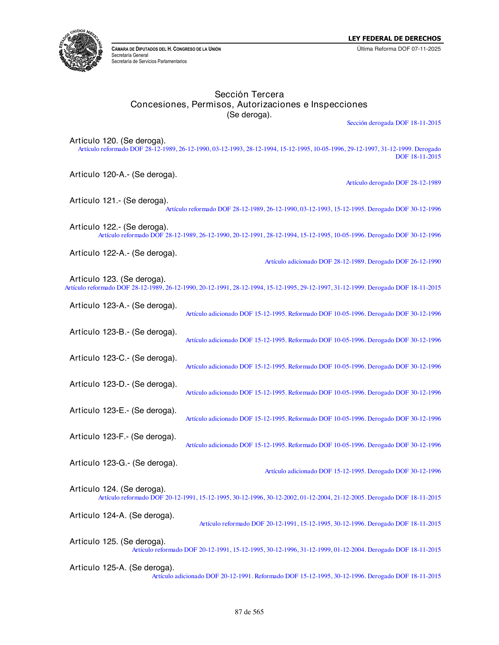 Ley Federal de Derechos — official Chamber compilation — original physical page 87 of 565; complete original page image governs, native search text may be incomplete.