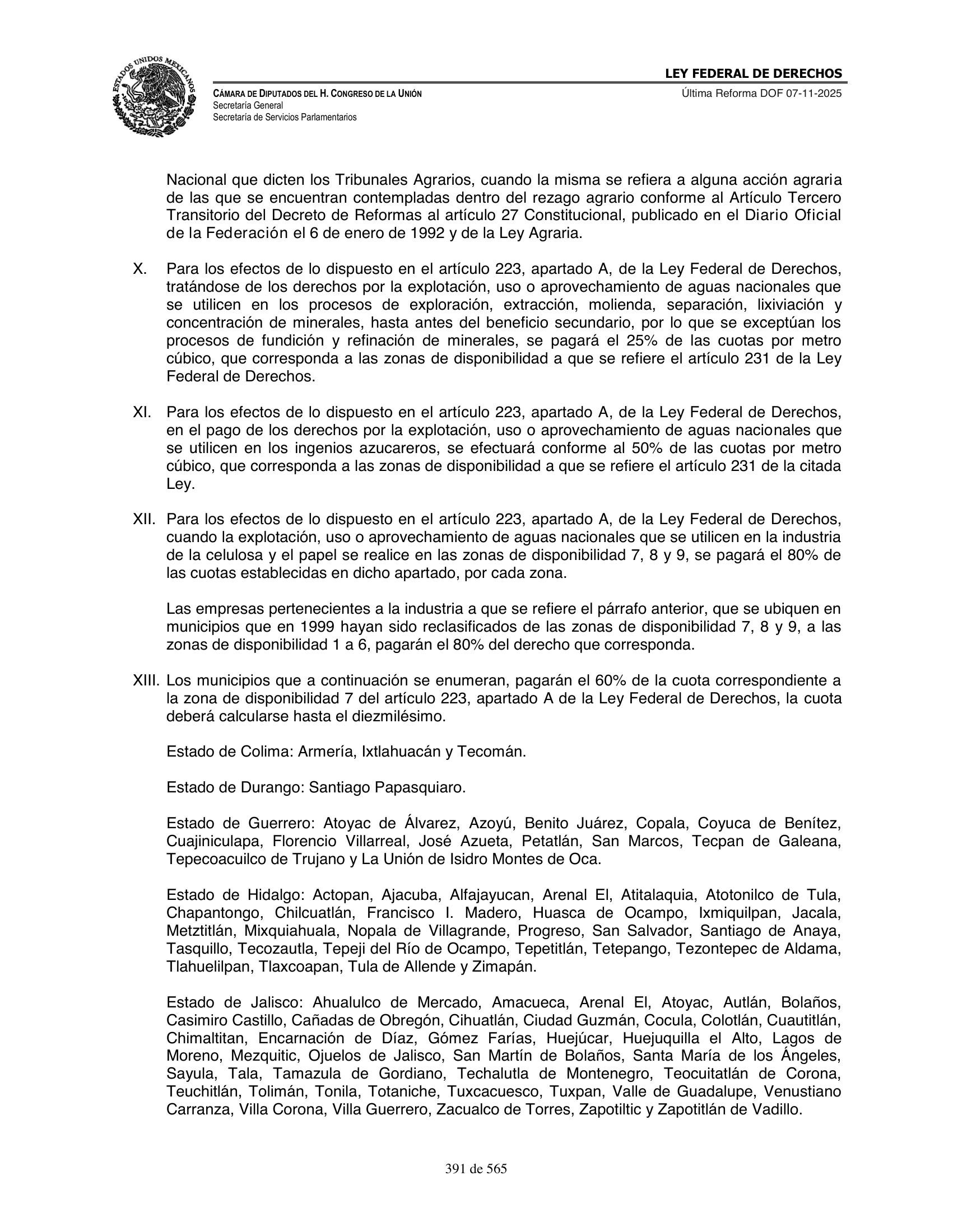 Ley Federal de Derechos — official Chamber compilation — original physical page 391 of 565; complete original page image governs, native search text may be incomplete.