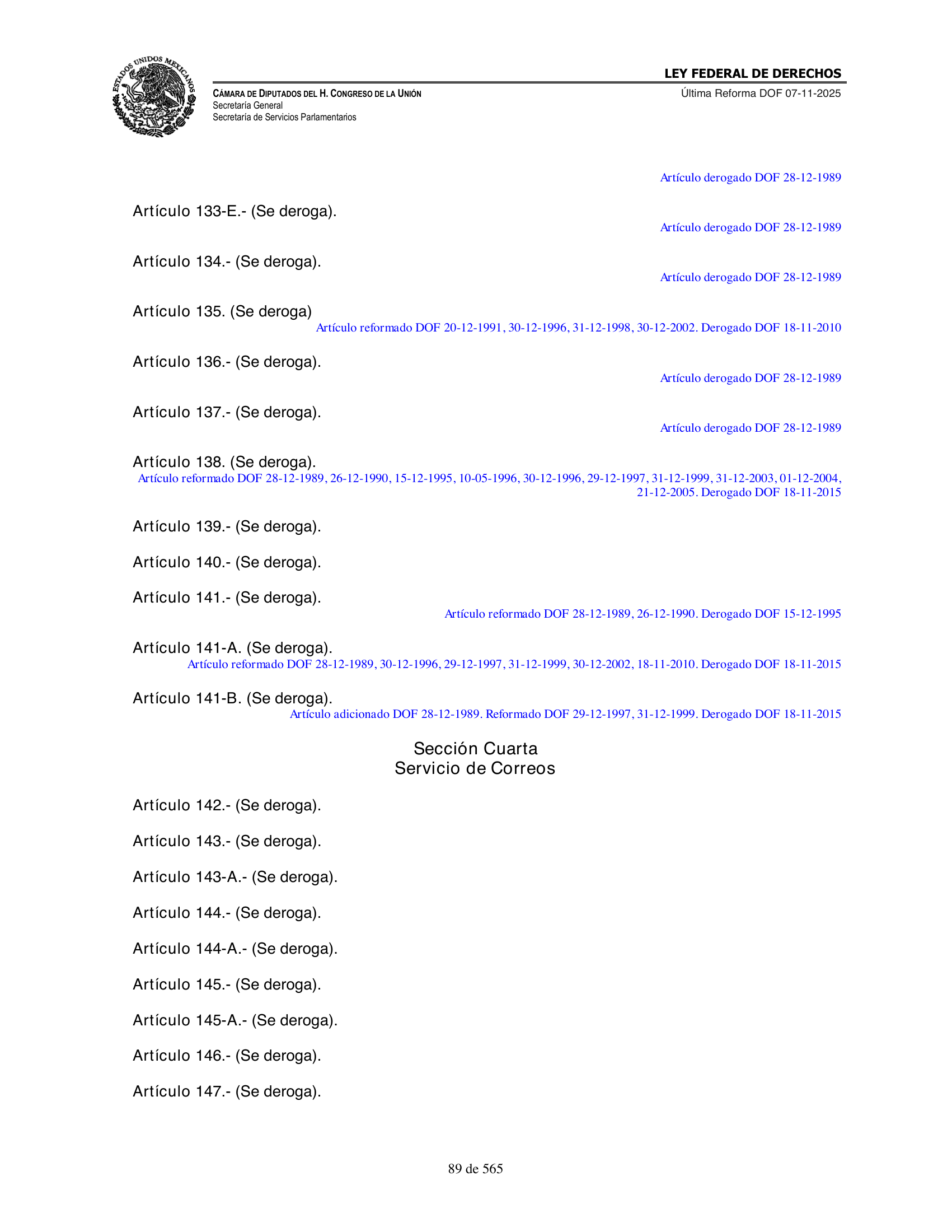 Ley Federal de Derechos — official Chamber compilation — original physical page 89 of 565; complete original page image governs, native search text may be incomplete.