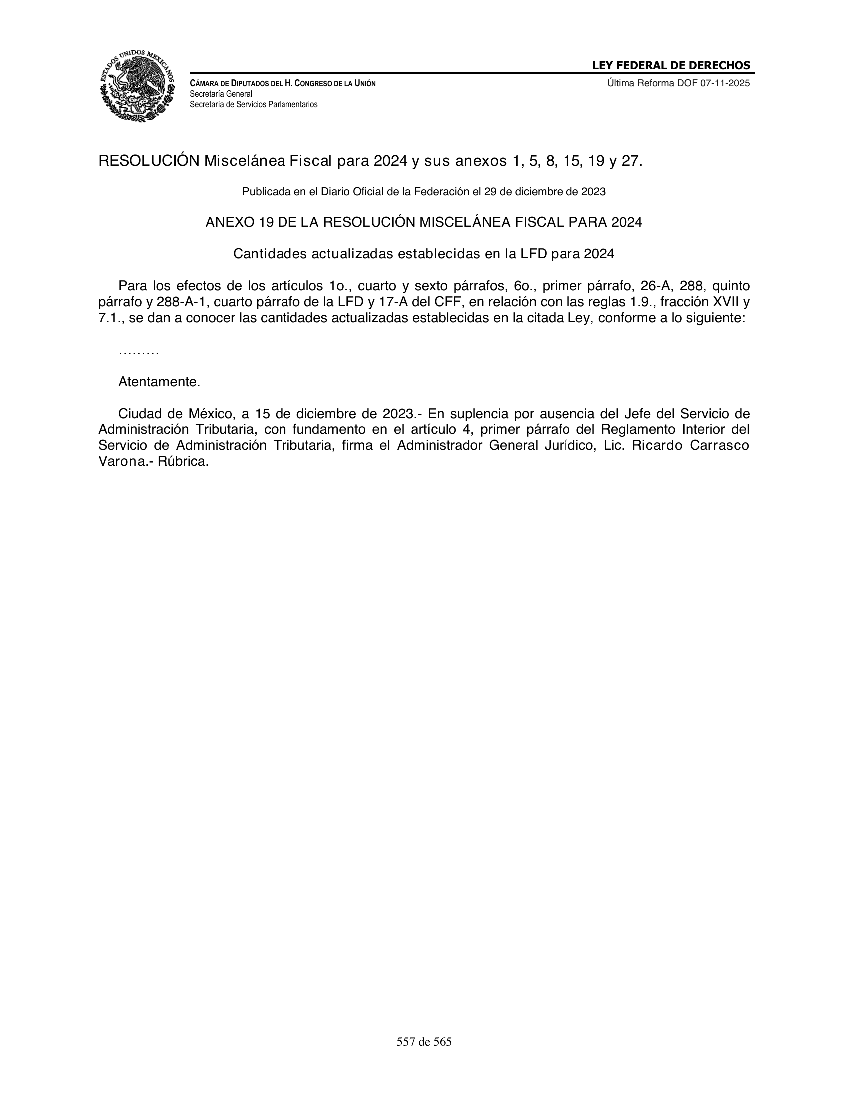 Ley Federal de Derechos — official Chamber compilation — original physical page 557 of 565; complete original page image governs, native search text may be incomplete.