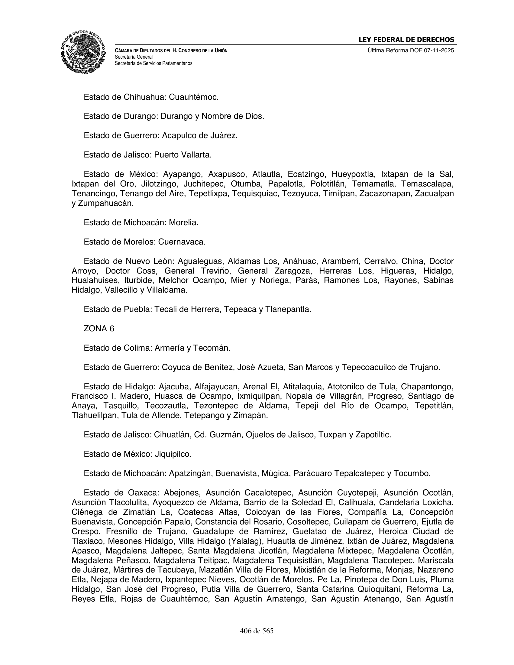 Ley Federal de Derechos — official Chamber compilation — original physical page 406 of 565; complete original page image governs, native search text may be incomplete.