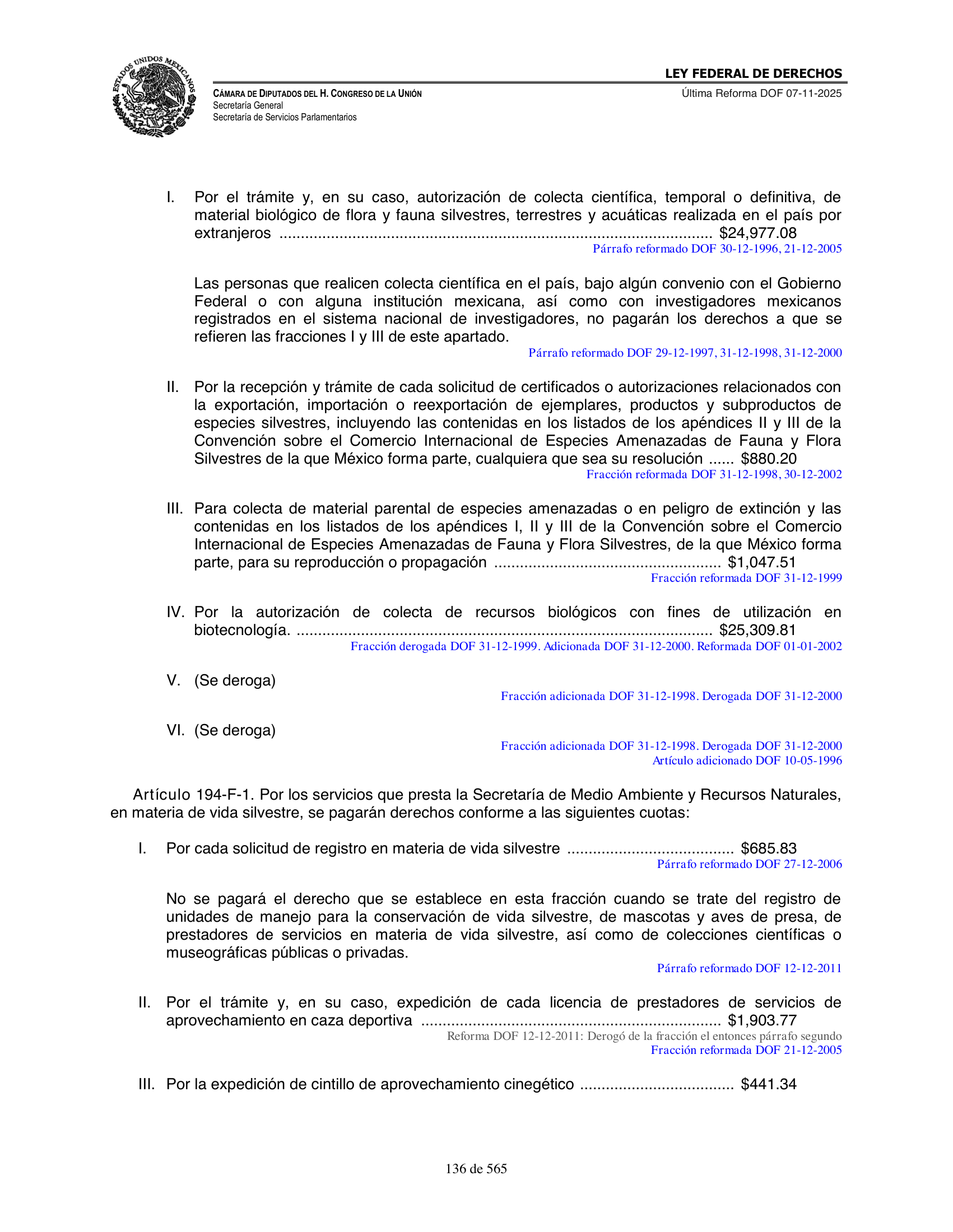 Ley Federal de Derechos — official Chamber compilation — original physical page 136 of 565; complete original page image governs, native search text may be incomplete.