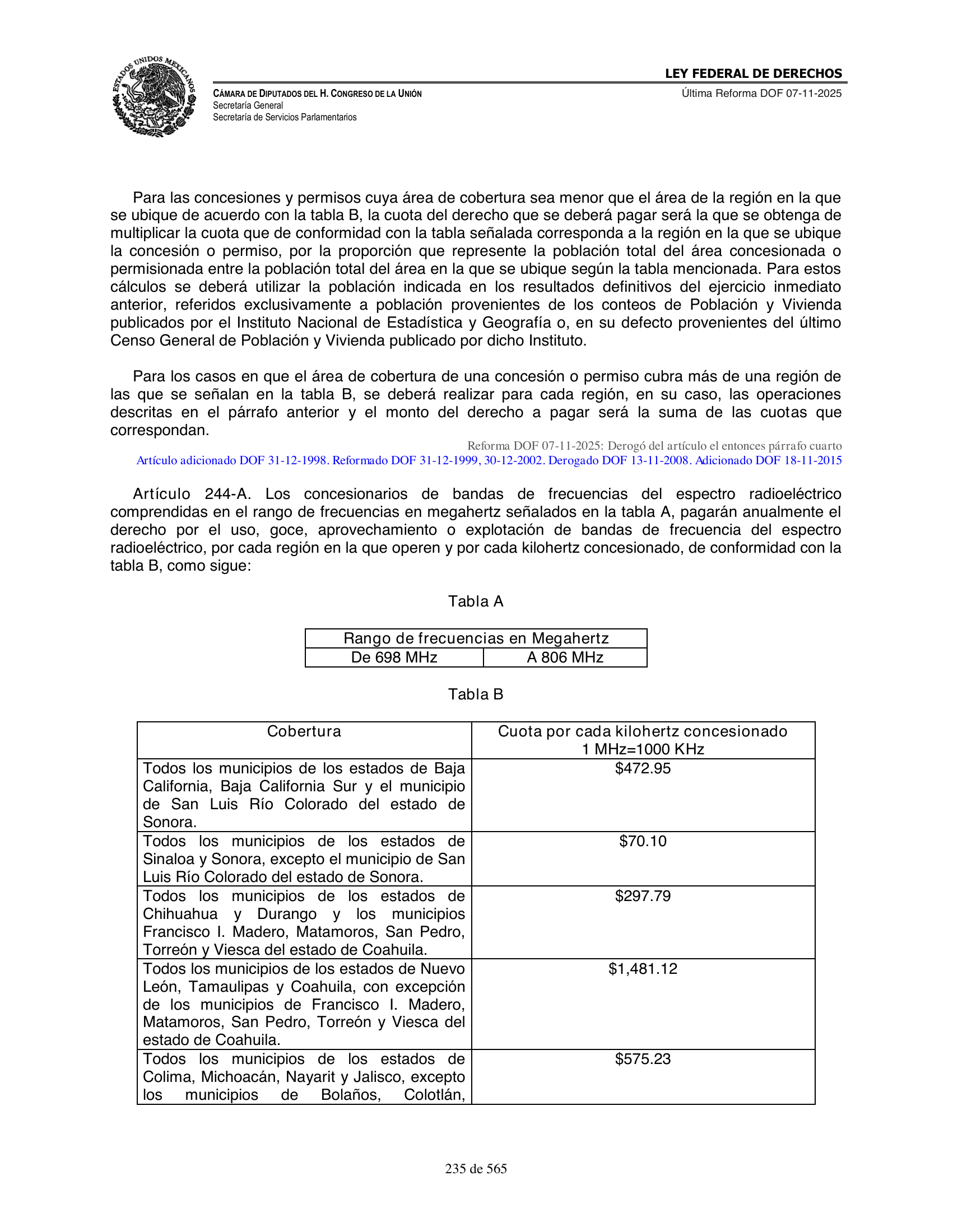 Ley Federal de Derechos — official Chamber compilation — original physical page 235 of 565; complete original page image governs, native search text may be incomplete.