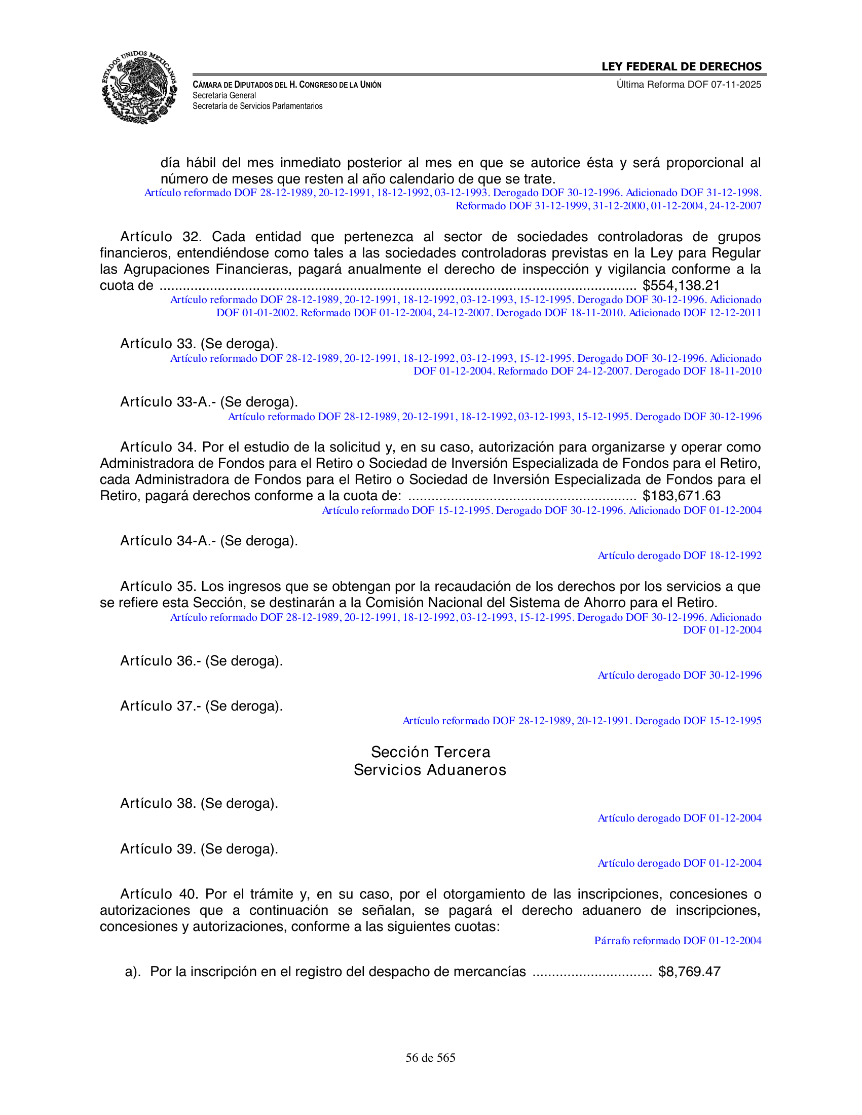 Ley Federal de Derechos — official Chamber compilation — original physical page 56 of 565; complete original page image governs, native search text may be incomplete.