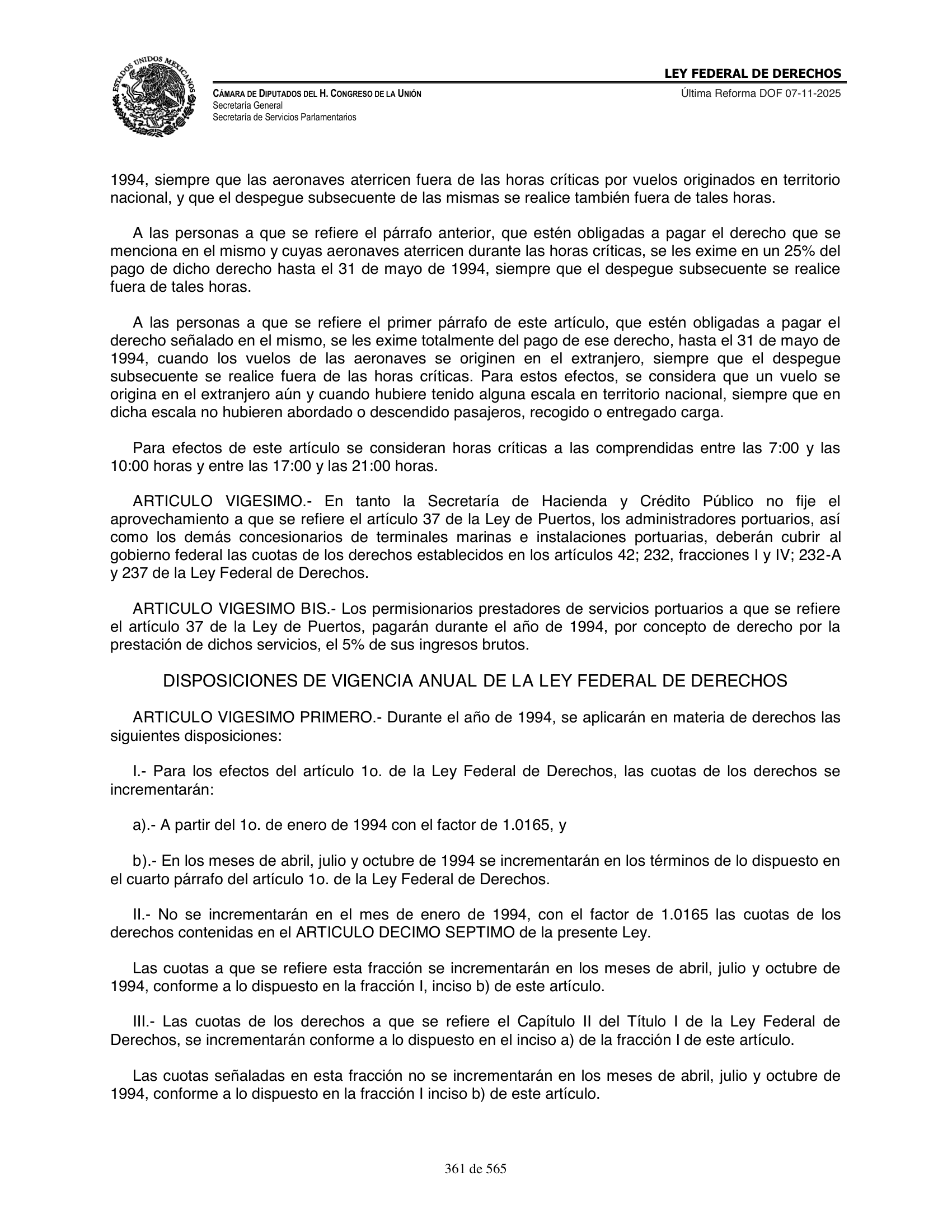 Ley Federal de Derechos — official Chamber compilation — original physical page 361 of 565; complete original page image governs, native search text may be incomplete.