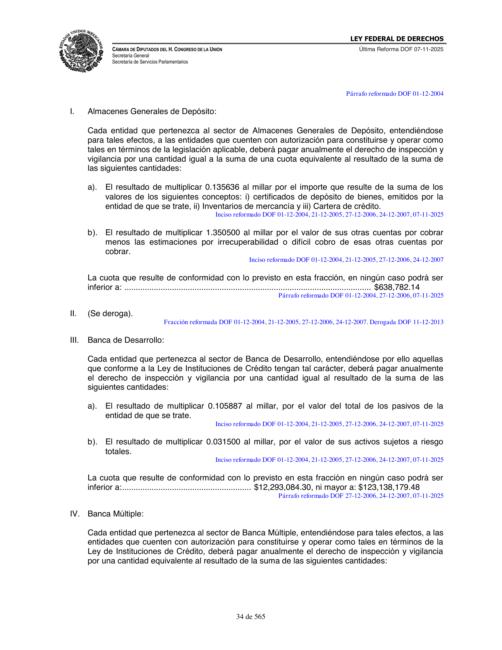 Ley Federal de Derechos — official Chamber compilation — original physical page 34 of 565; complete original page image governs, native search text may be incomplete.