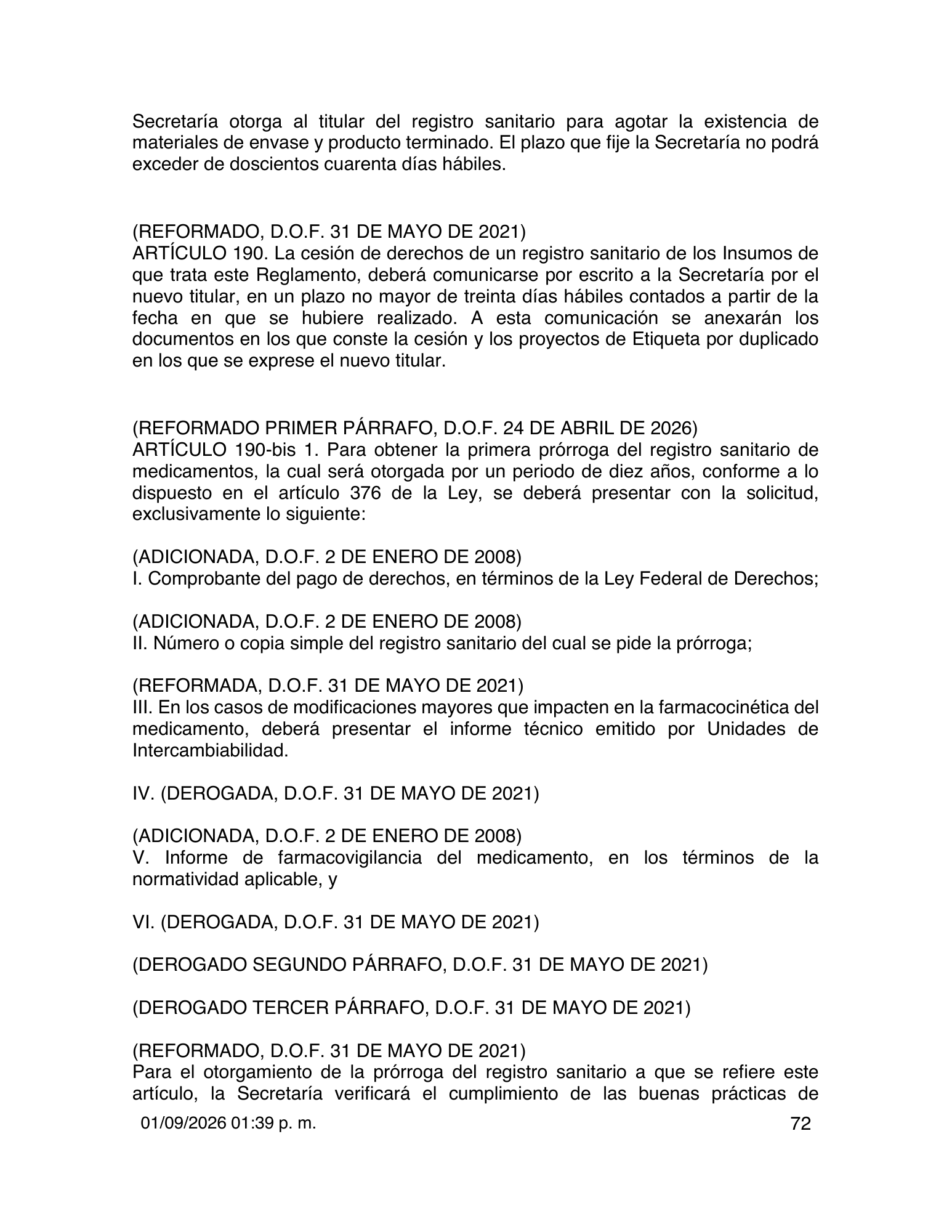 Reglamento de Insumos para la Salud — 2026 compiled expression — official PDF page 72