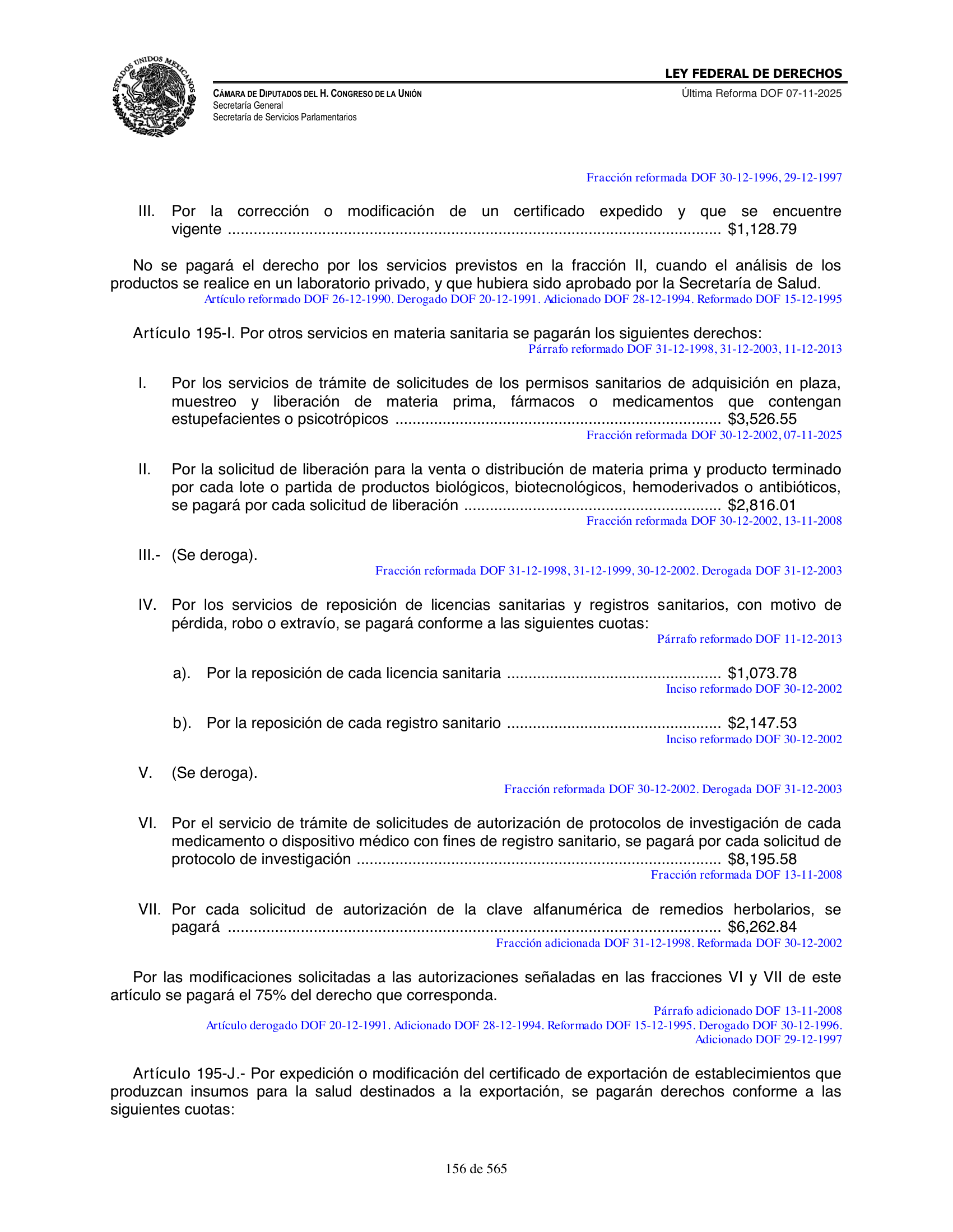 Ley Federal de Derechos — official Chamber compilation — original physical page 156 of 565; complete original page image governs, native search text may be incomplete.
