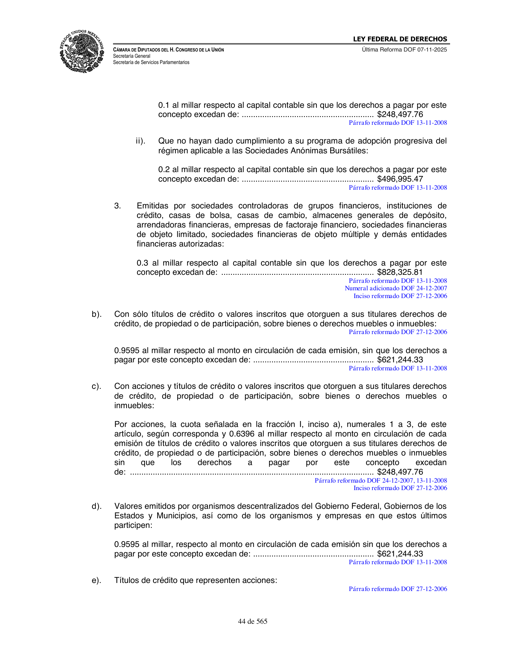 Ley Federal de Derechos — official Chamber compilation — original physical page 44 of 565; complete original page image governs, native search text may be incomplete.