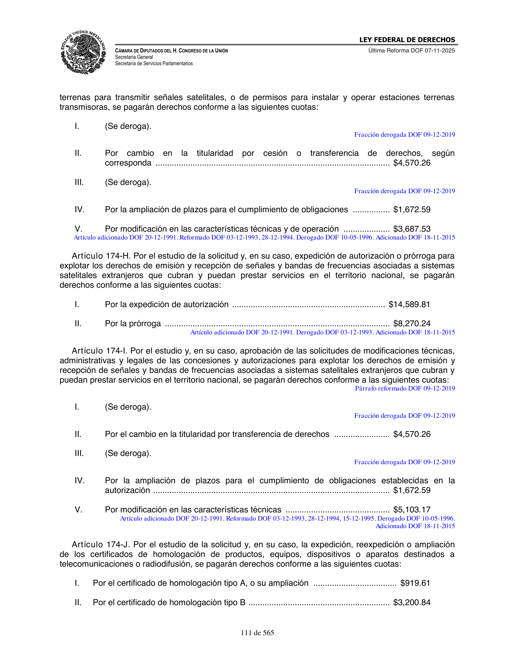 Ley Federal de Derechos — official Chamber compilation — original physical page 111 of 565; complete original page image governs, native search text may be incomplete.