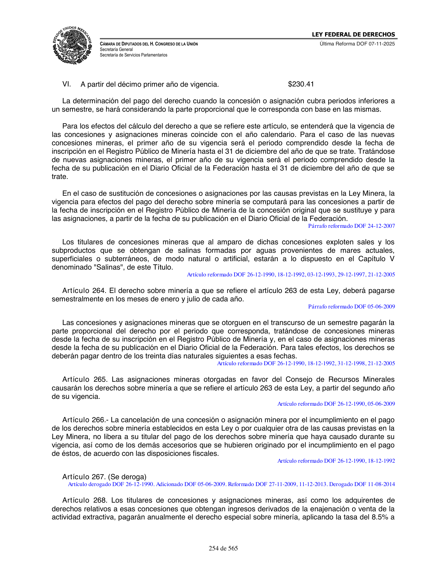 Ley Federal de Derechos — official Chamber compilation — original physical page 254 of 565; complete original page image governs, native search text may be incomplete.