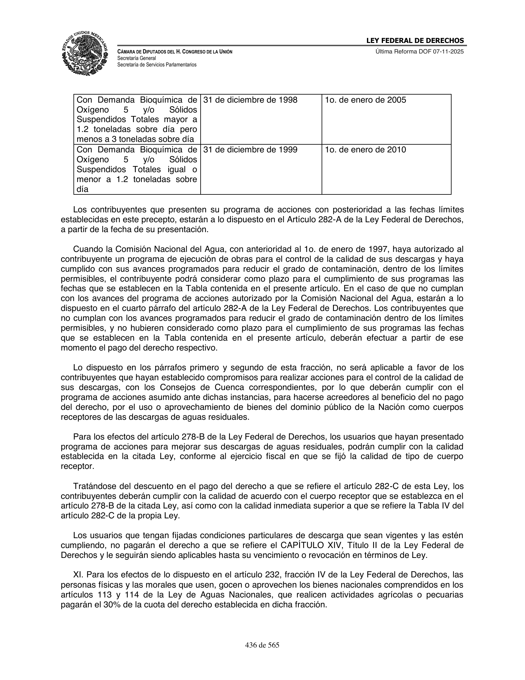 Ley Federal de Derechos — official Chamber compilation — original physical page 436 of 565; complete original page image governs, native search text may be incomplete.