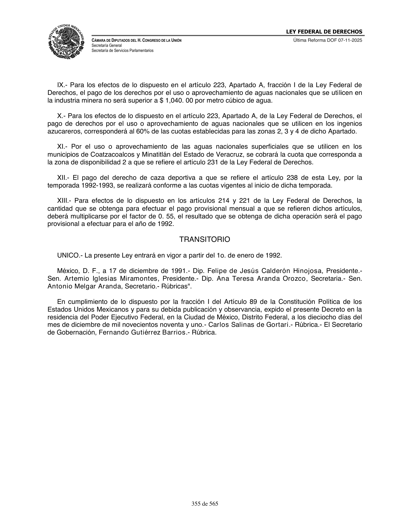 Ley Federal de Derechos — official Chamber compilation — original physical page 355 of 565; complete original page image governs, native search text may be incomplete.
