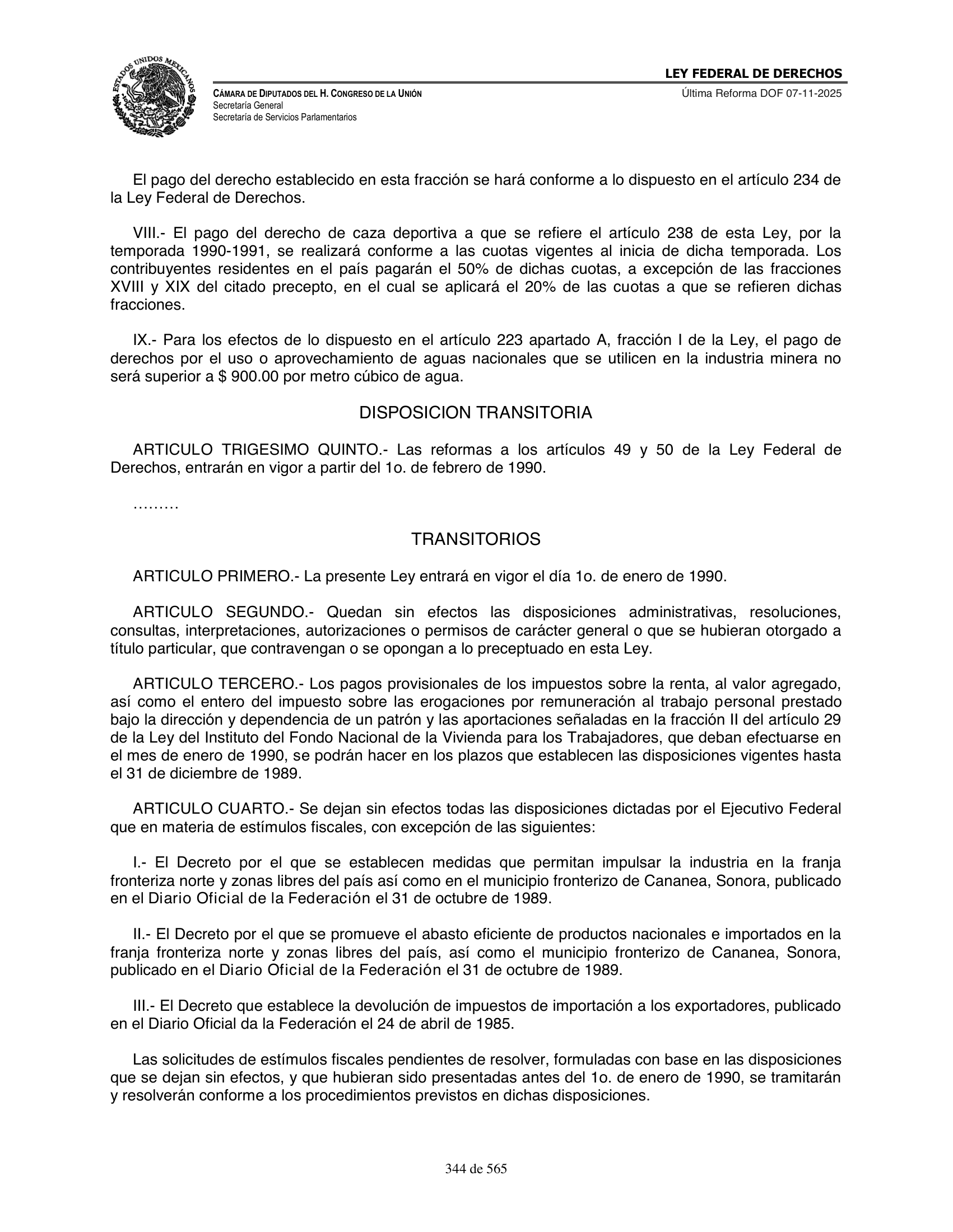 Ley Federal de Derechos — official Chamber compilation — original physical page 344 of 565; complete original page image governs, native search text may be incomplete.