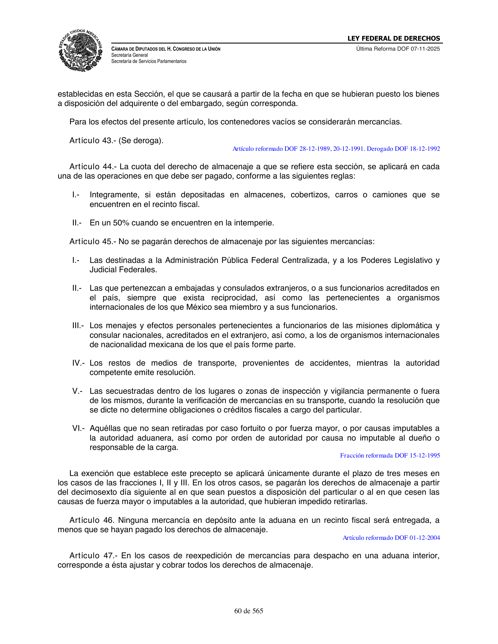 Ley Federal de Derechos — official Chamber compilation — original physical page 60 of 565; complete original page image governs, native search text may be incomplete.