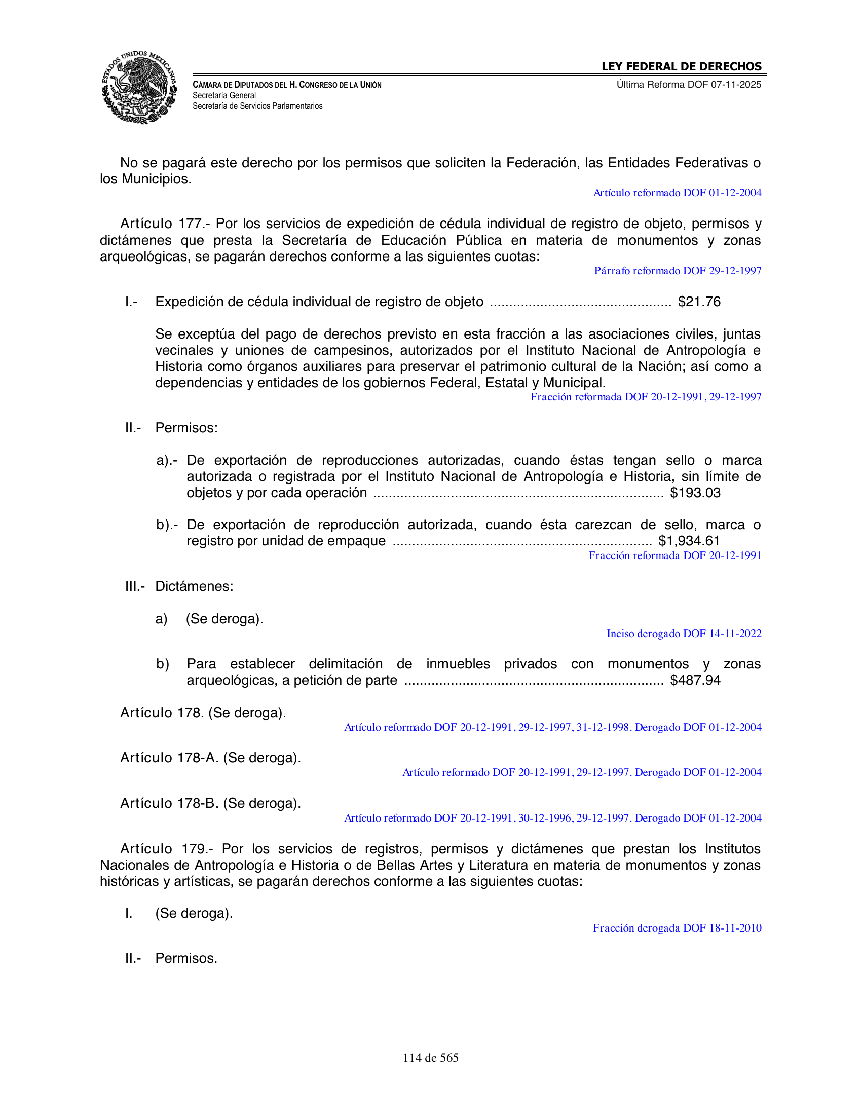 Ley Federal de Derechos — official Chamber compilation — original physical page 114 of 565; complete original page image governs, native search text may be incomplete.