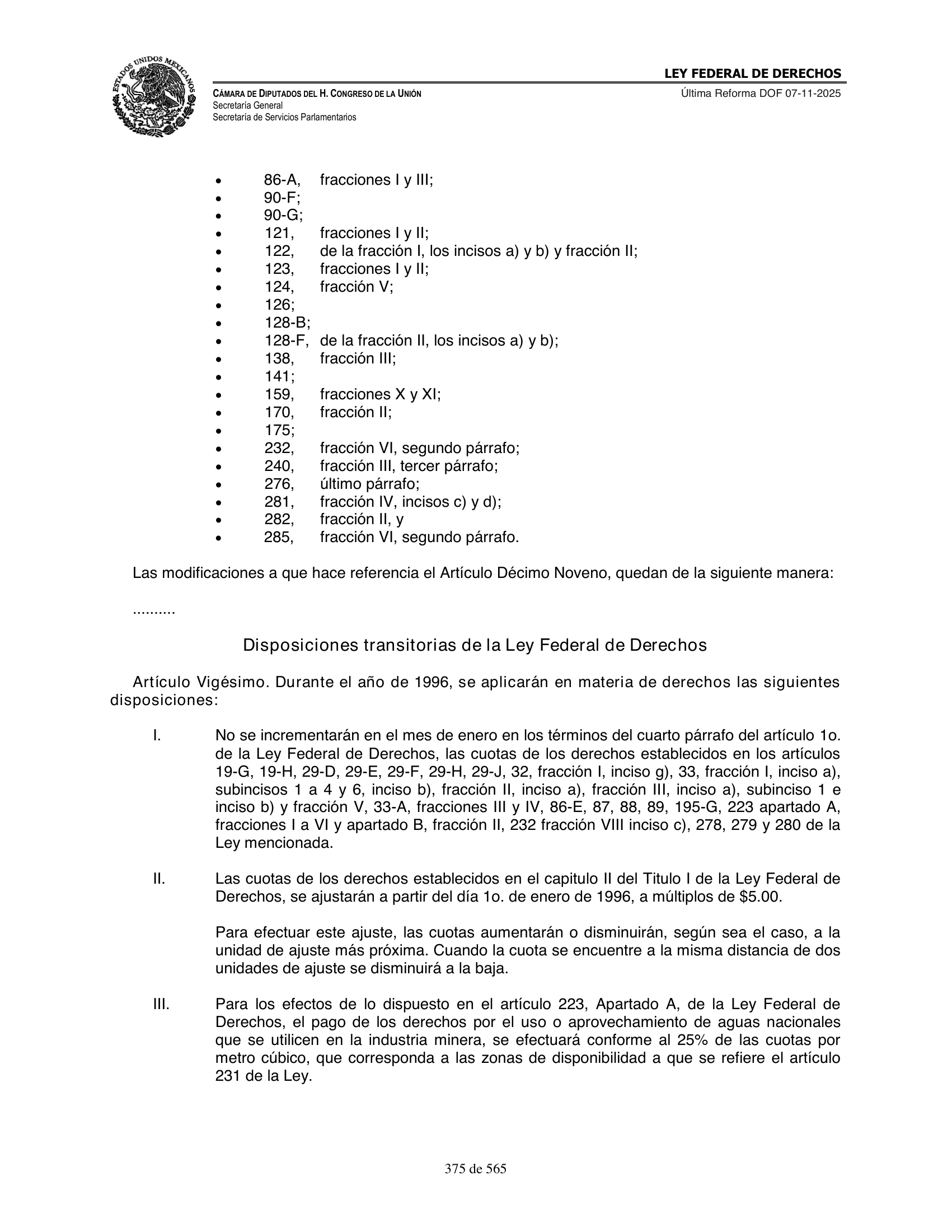 Ley Federal de Derechos — official Chamber compilation — original physical page 375 of 565; complete original page image governs, native search text may be incomplete.