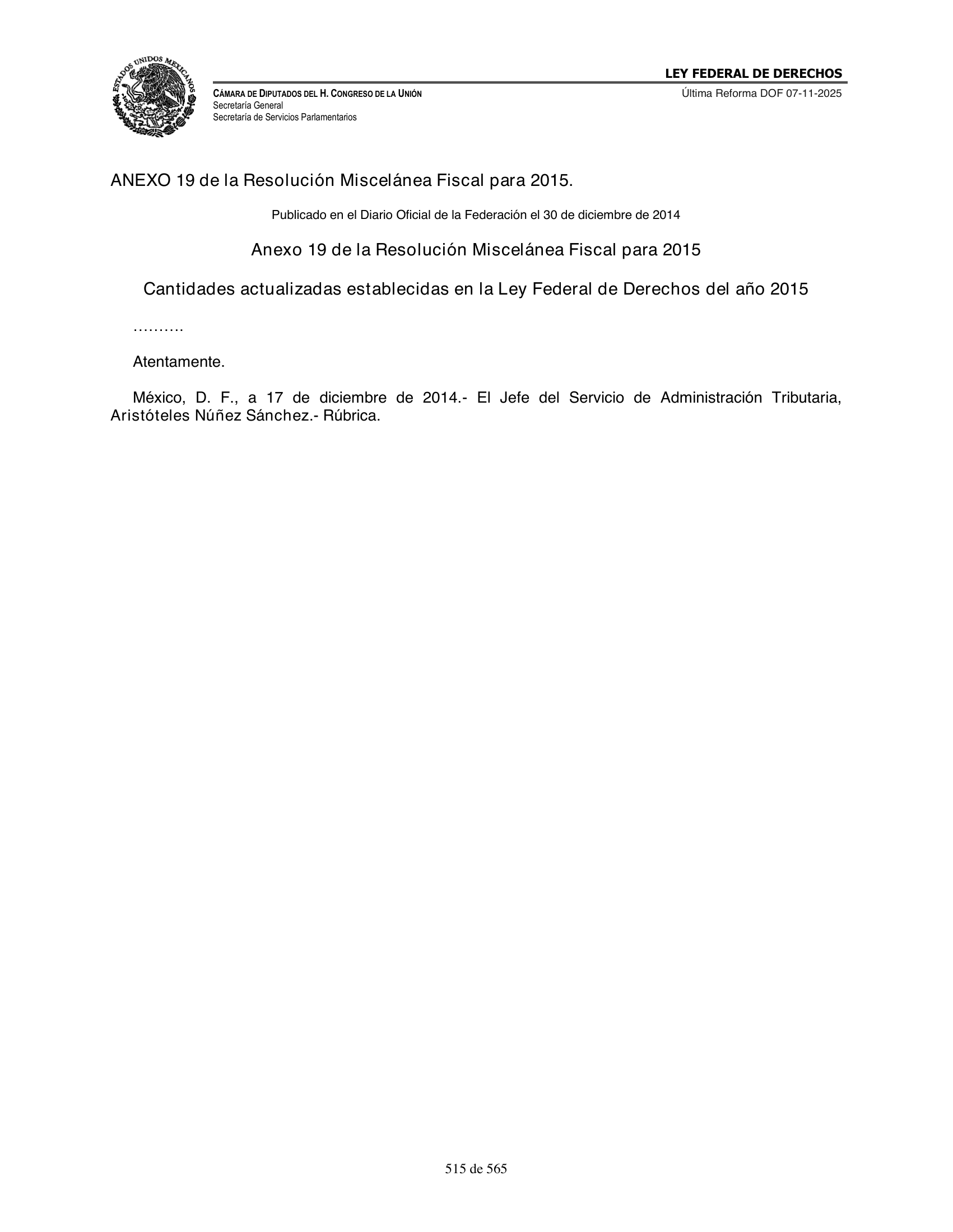 Ley Federal de Derechos — official Chamber compilation — original physical page 515 of 565; complete original page image governs, native search text may be incomplete.