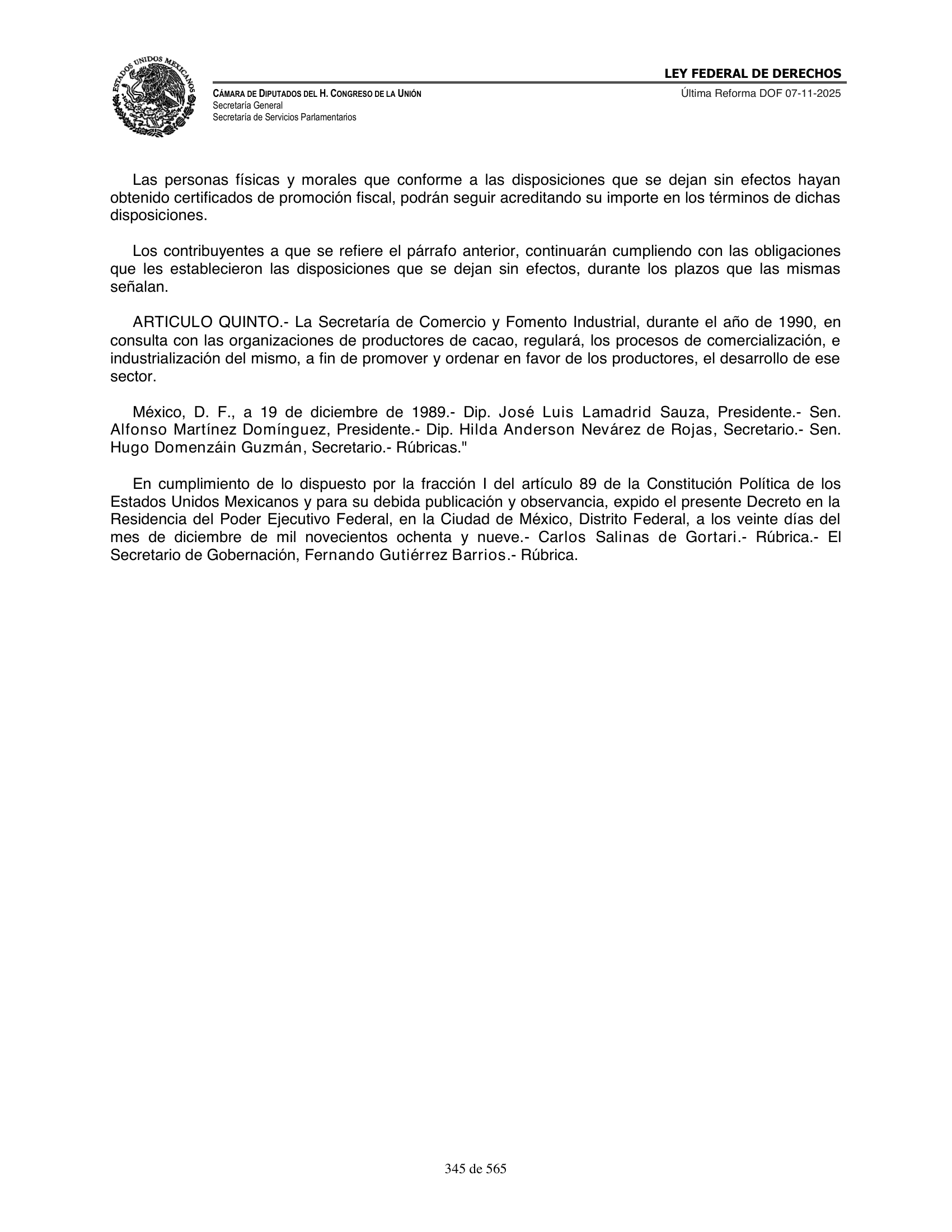 Ley Federal de Derechos — official Chamber compilation — original physical page 345 of 565; complete original page image governs, native search text may be incomplete.