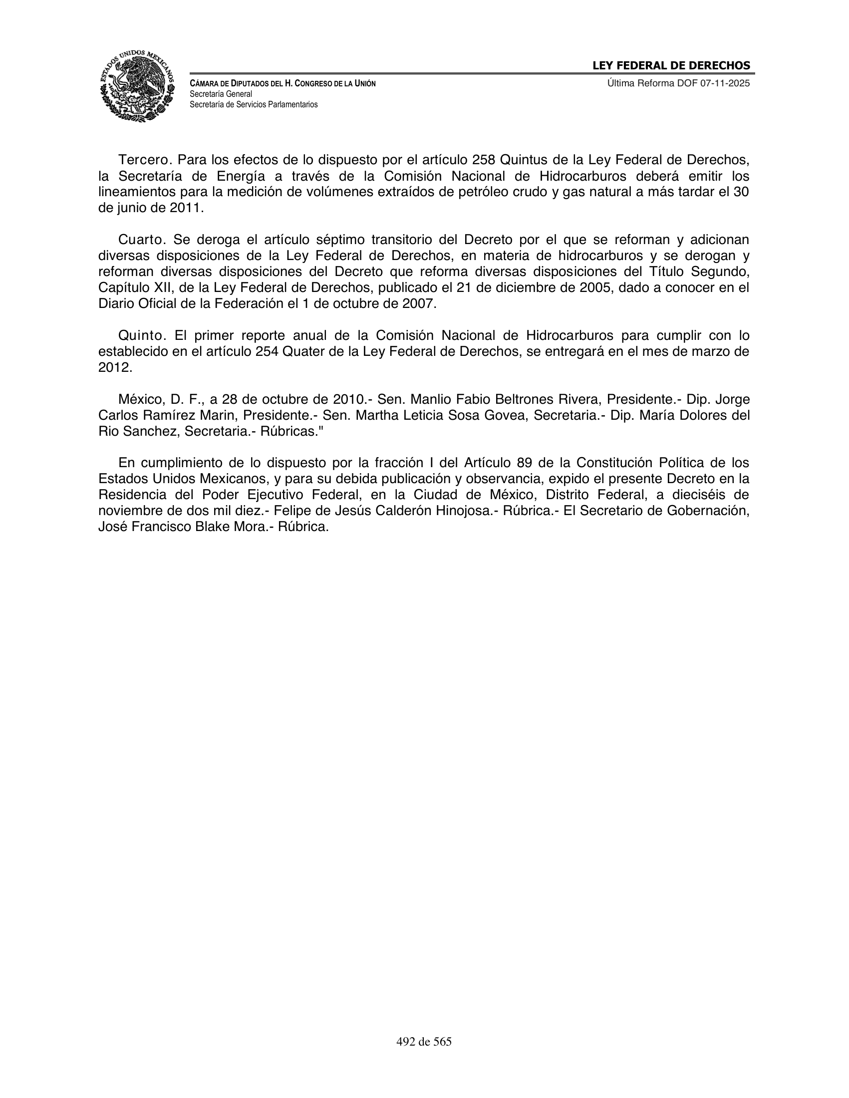 Ley Federal de Derechos — official Chamber compilation — original physical page 492 of 565; complete original page image governs, native search text may be incomplete.