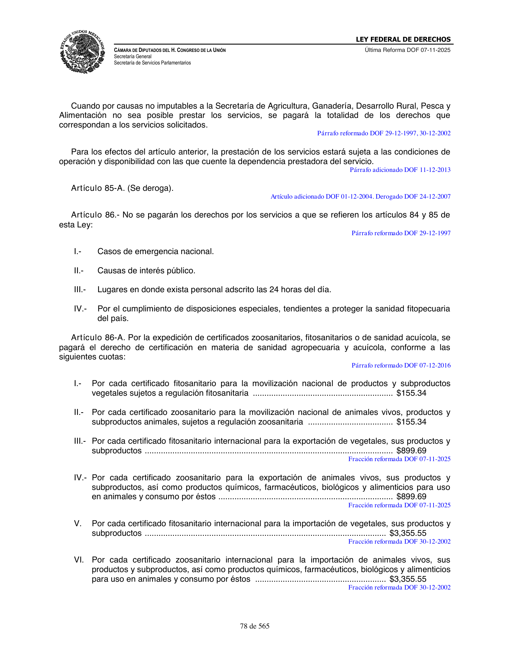 Ley Federal de Derechos — official Chamber compilation — original physical page 78 of 565; complete original page image governs, native search text may be incomplete.