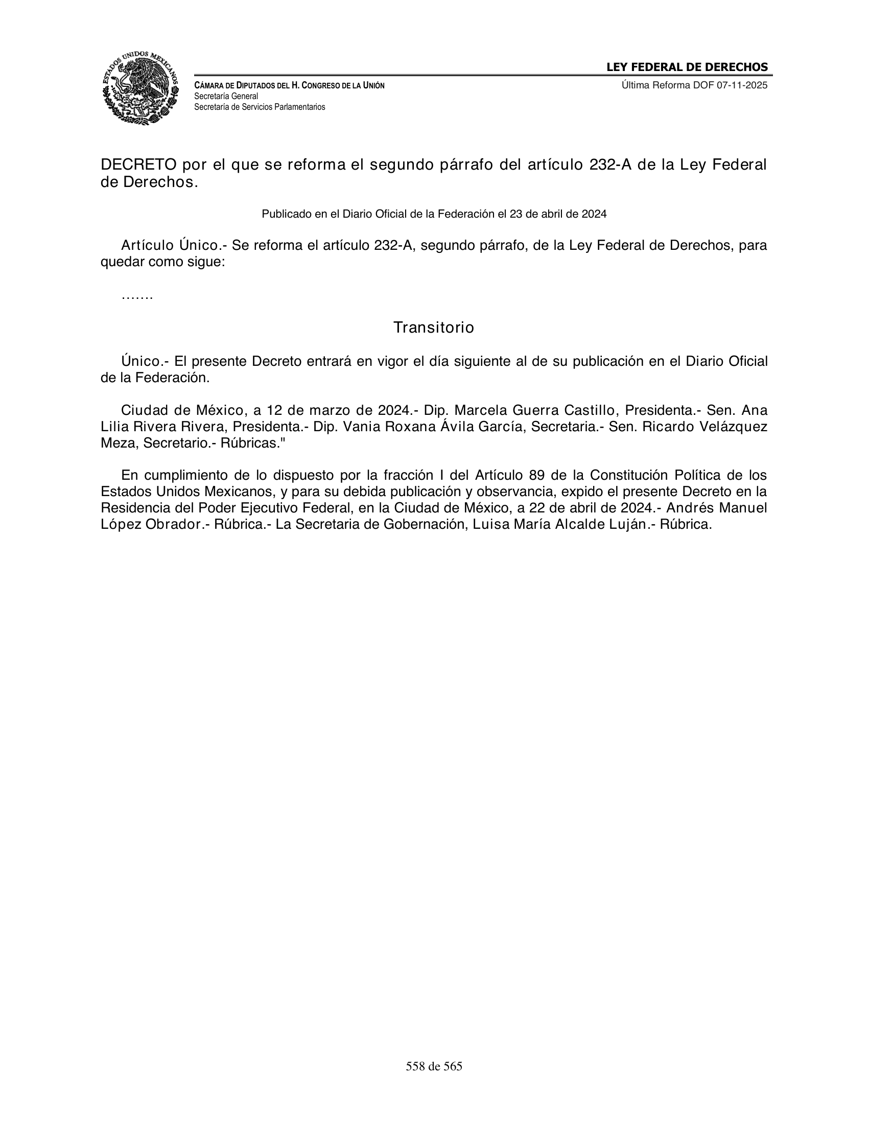 Ley Federal de Derechos — official Chamber compilation — original physical page 558 of 565; complete original page image governs, native search text may be incomplete.