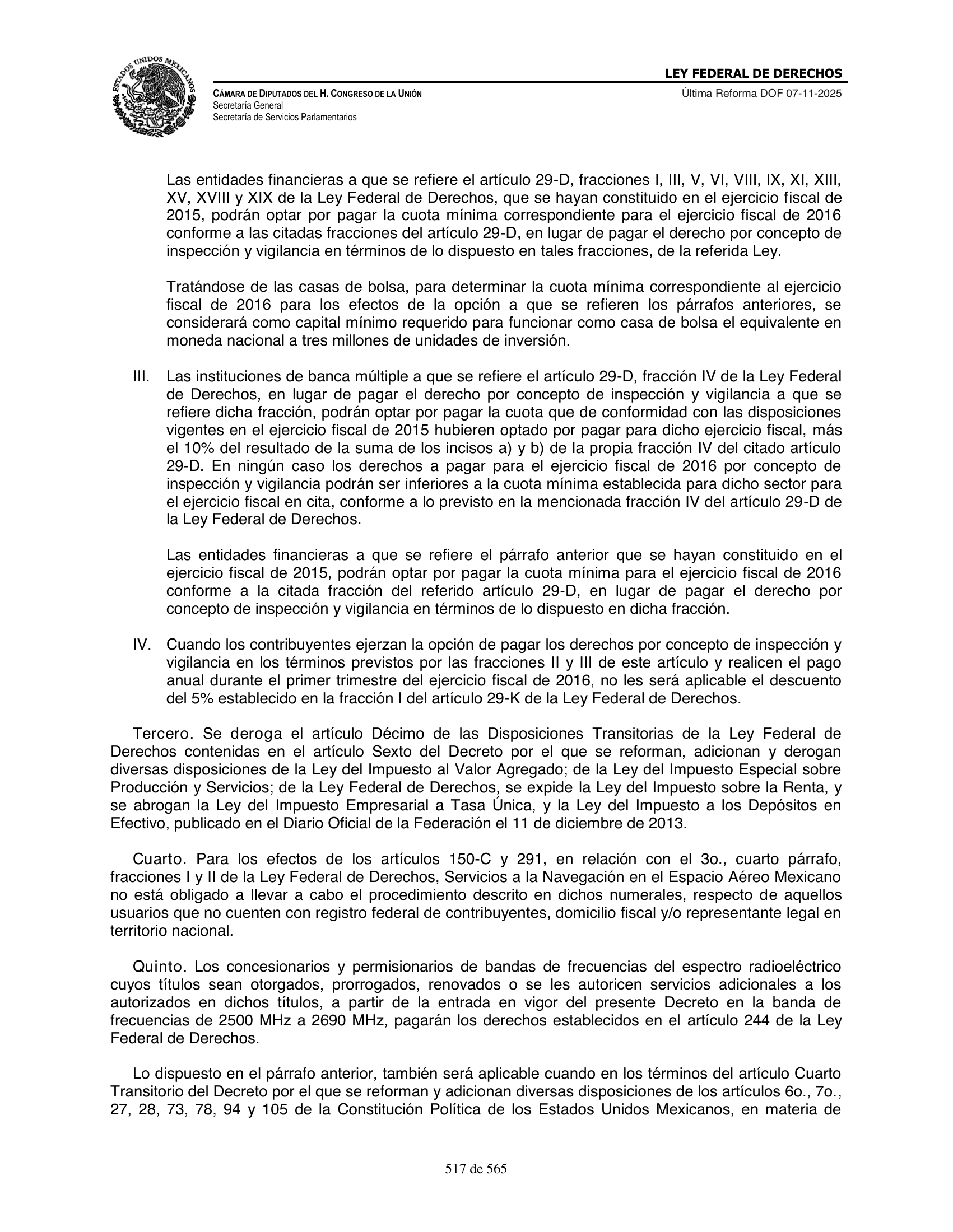 Ley Federal de Derechos — official Chamber compilation — original physical page 517 of 565; complete original page image governs, native search text may be incomplete.