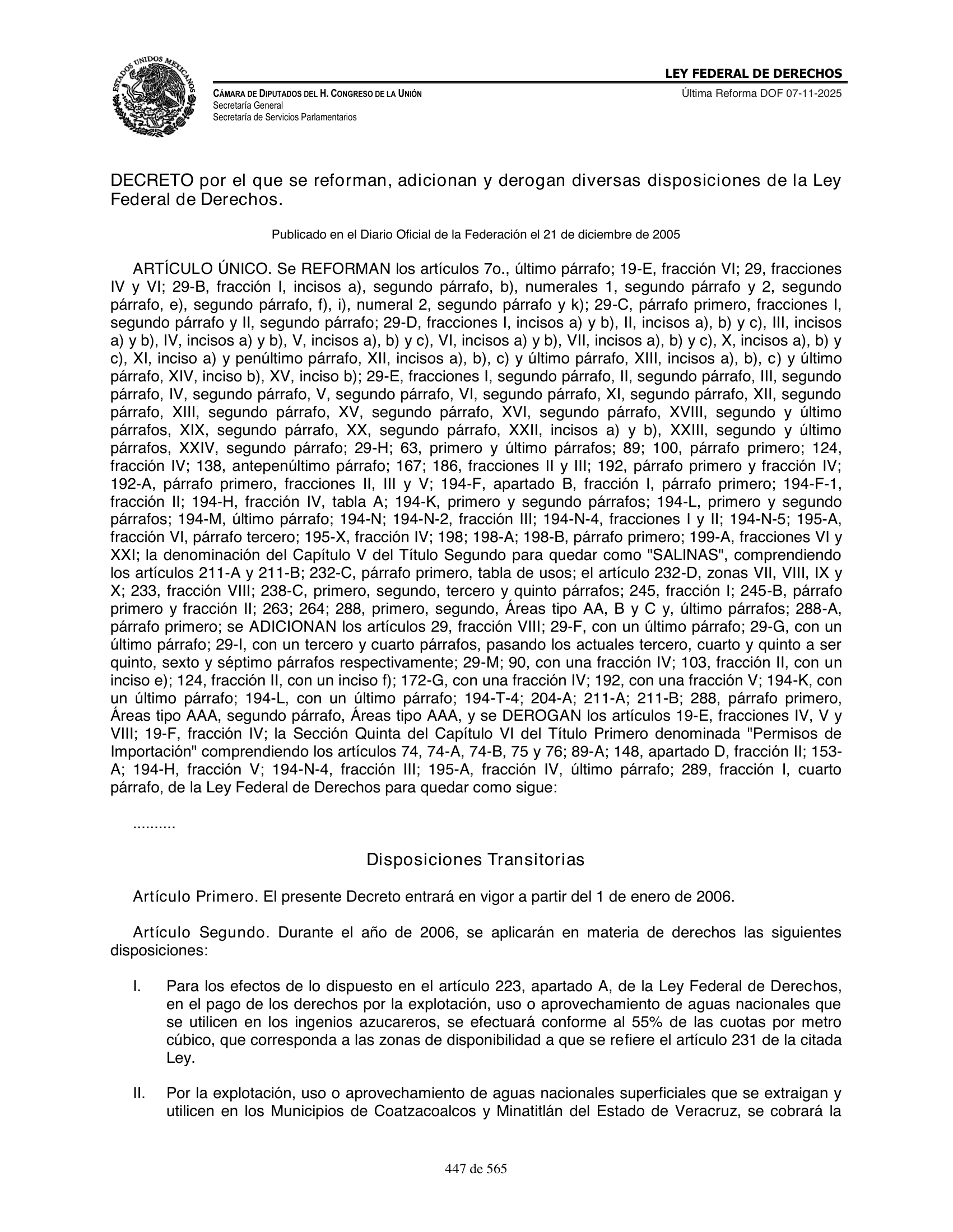 Ley Federal de Derechos — official Chamber compilation — original physical page 447 of 565; complete original page image governs, native search text may be incomplete.