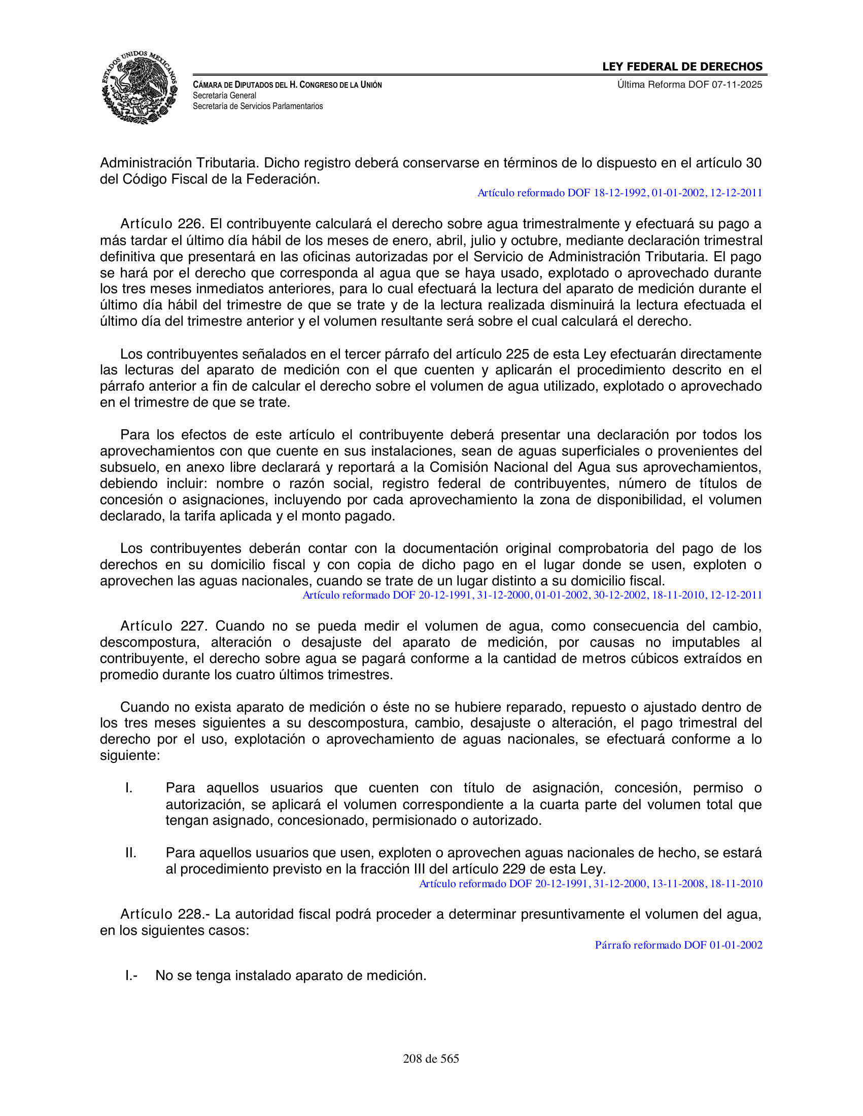 Ley Federal de Derechos — official Chamber compilation — original physical page 208 of 565; complete original page image governs, native search text may be incomplete.