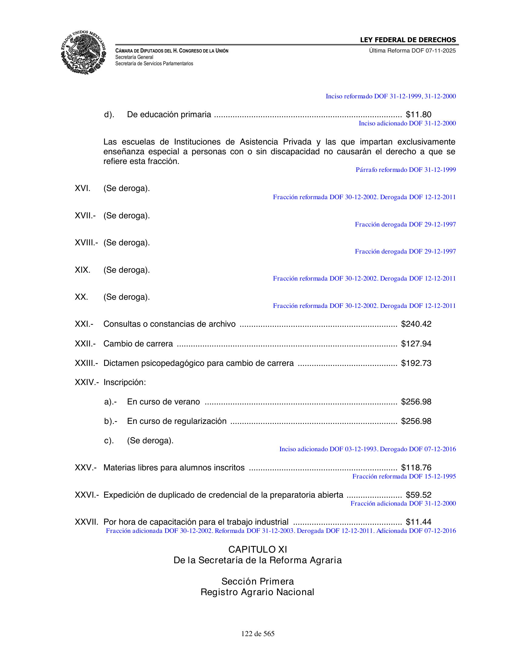 Ley Federal de Derechos — official Chamber compilation — original physical page 122 of 565; complete original page image governs, native search text may be incomplete.