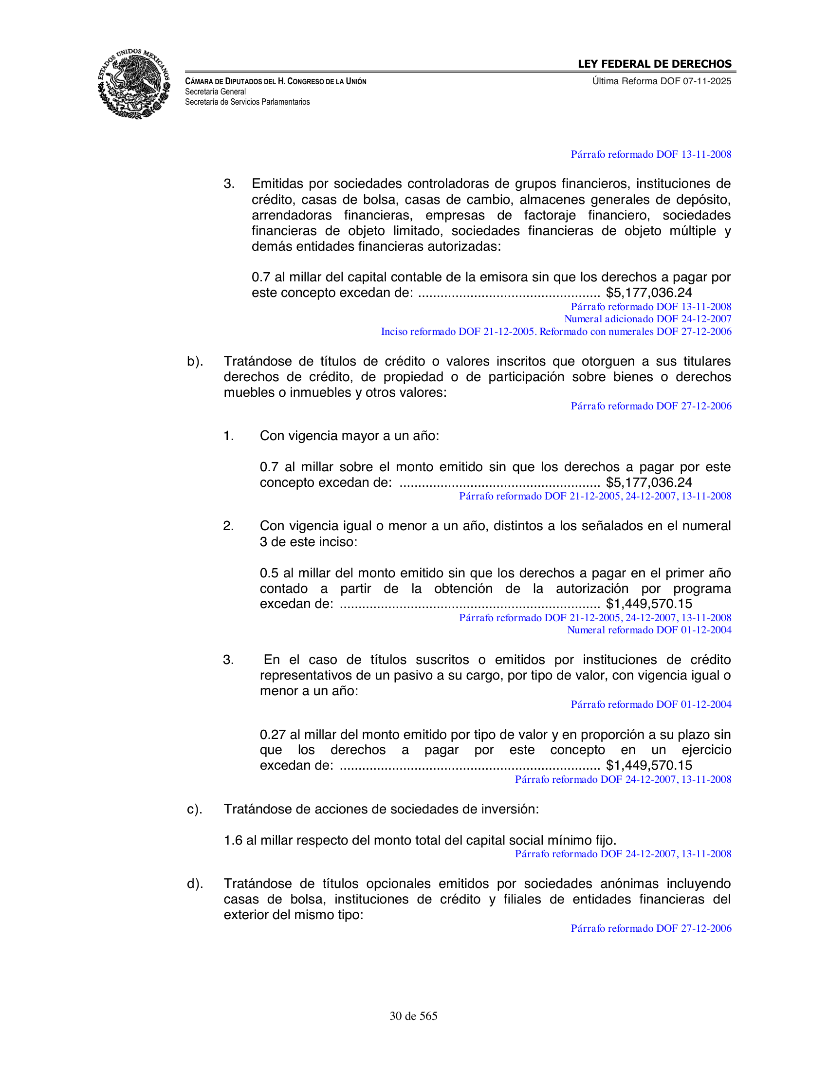 Ley Federal de Derechos — official Chamber compilation — original physical page 30 of 565; complete original page image governs, native search text may be incomplete.
