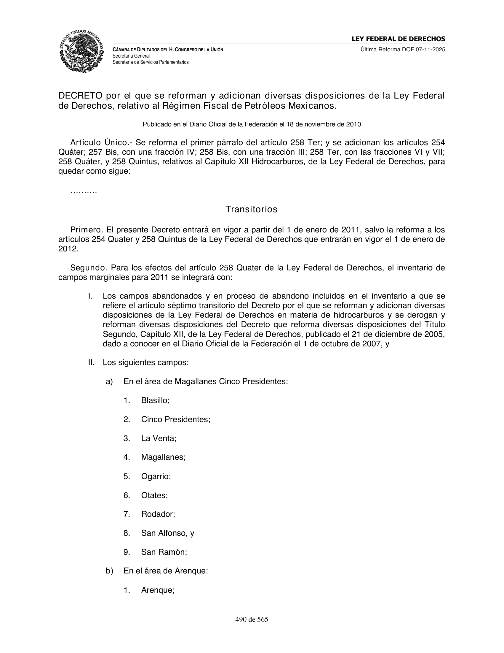 Ley Federal de Derechos — official Chamber compilation — original physical page 490 of 565; complete original page image governs, native search text may be incomplete.