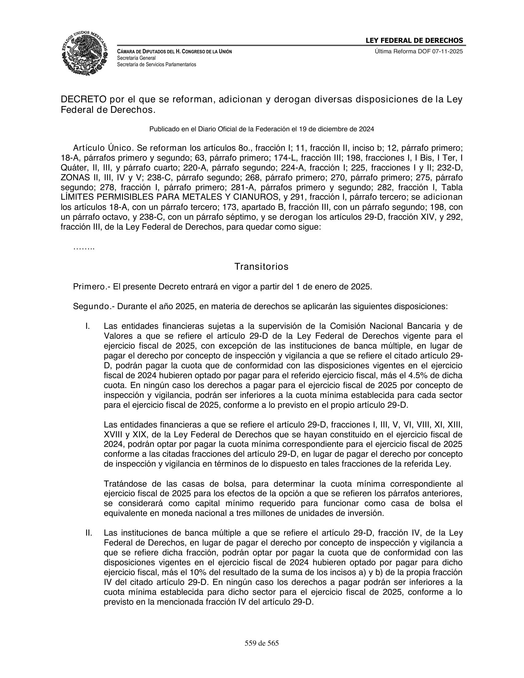 Ley Federal de Derechos — official Chamber compilation — original physical page 559 of 565; complete original page image governs, native search text may be incomplete.