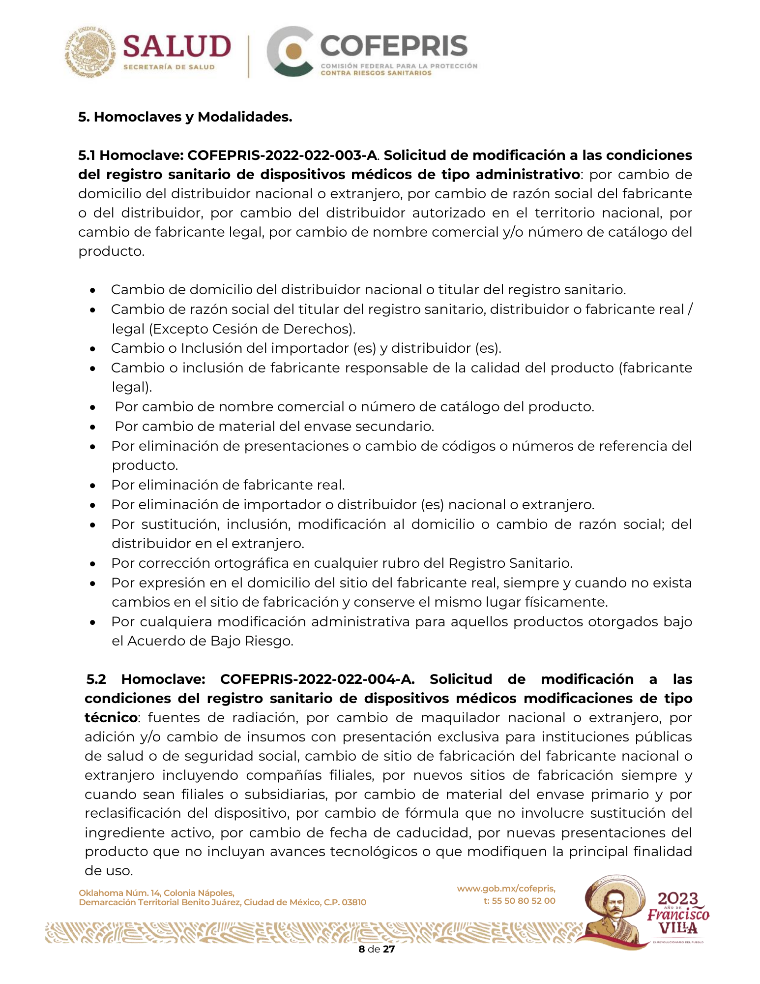 Criterios para definir la clasificación de las modificaciones a las condiciones de registro sanitario de dispositivos médicos — original physical PDF page 9; full original layout and figures retained.