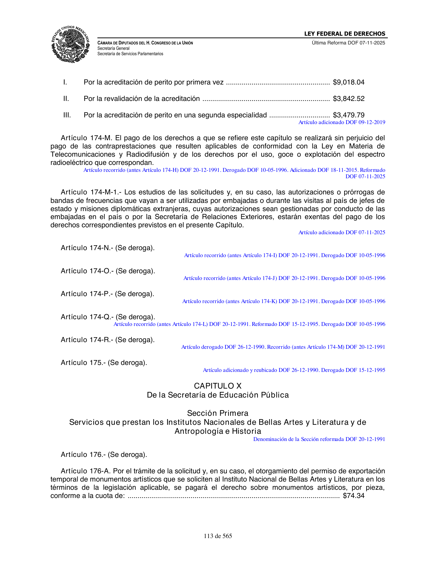 Ley Federal de Derechos — official Chamber compilation — original physical page 113 of 565; complete original page image governs, native search text may be incomplete.