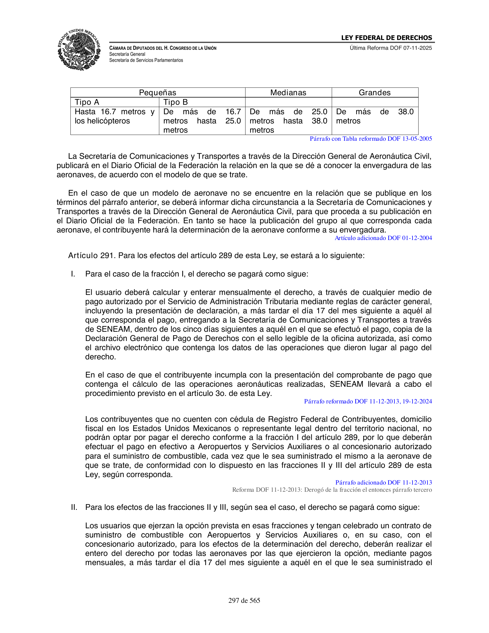 Ley Federal de Derechos — official Chamber compilation — original physical page 297 of 565; complete original page image governs, native search text may be incomplete.