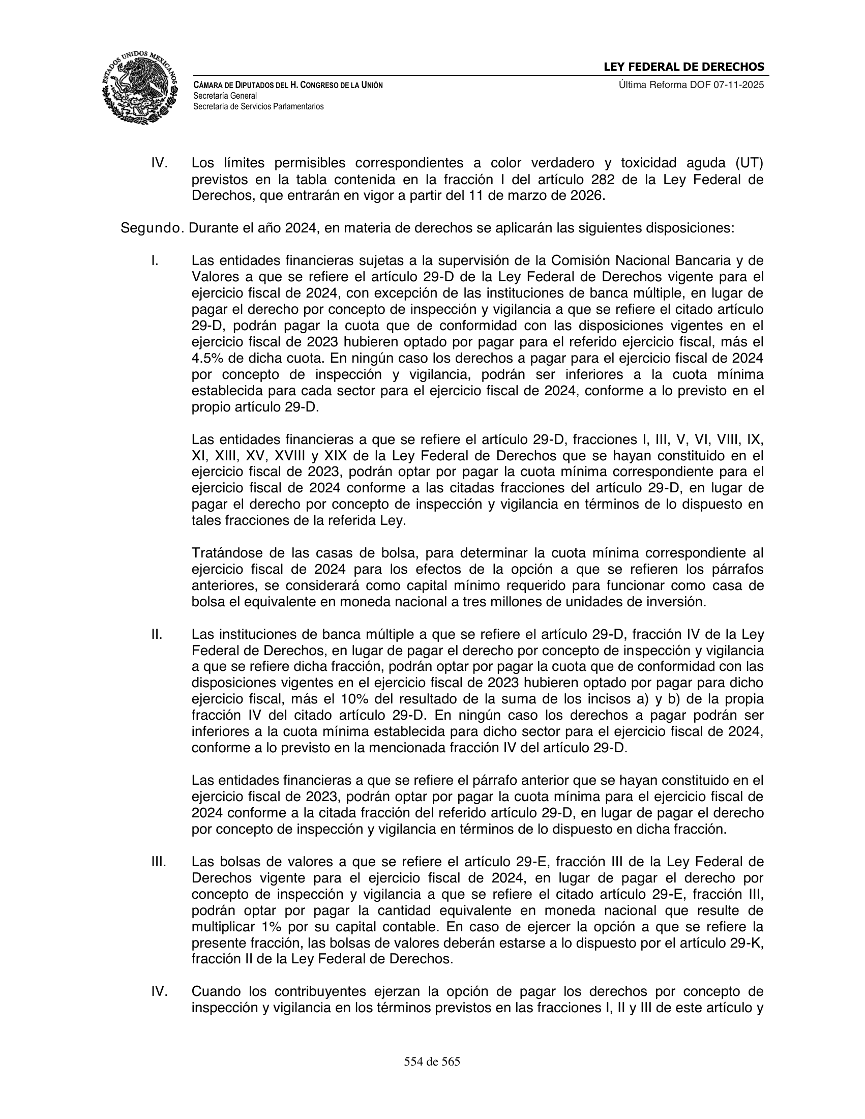 Ley Federal de Derechos — official Chamber compilation — original physical page 554 of 565; complete original page image governs, native search text may be incomplete.