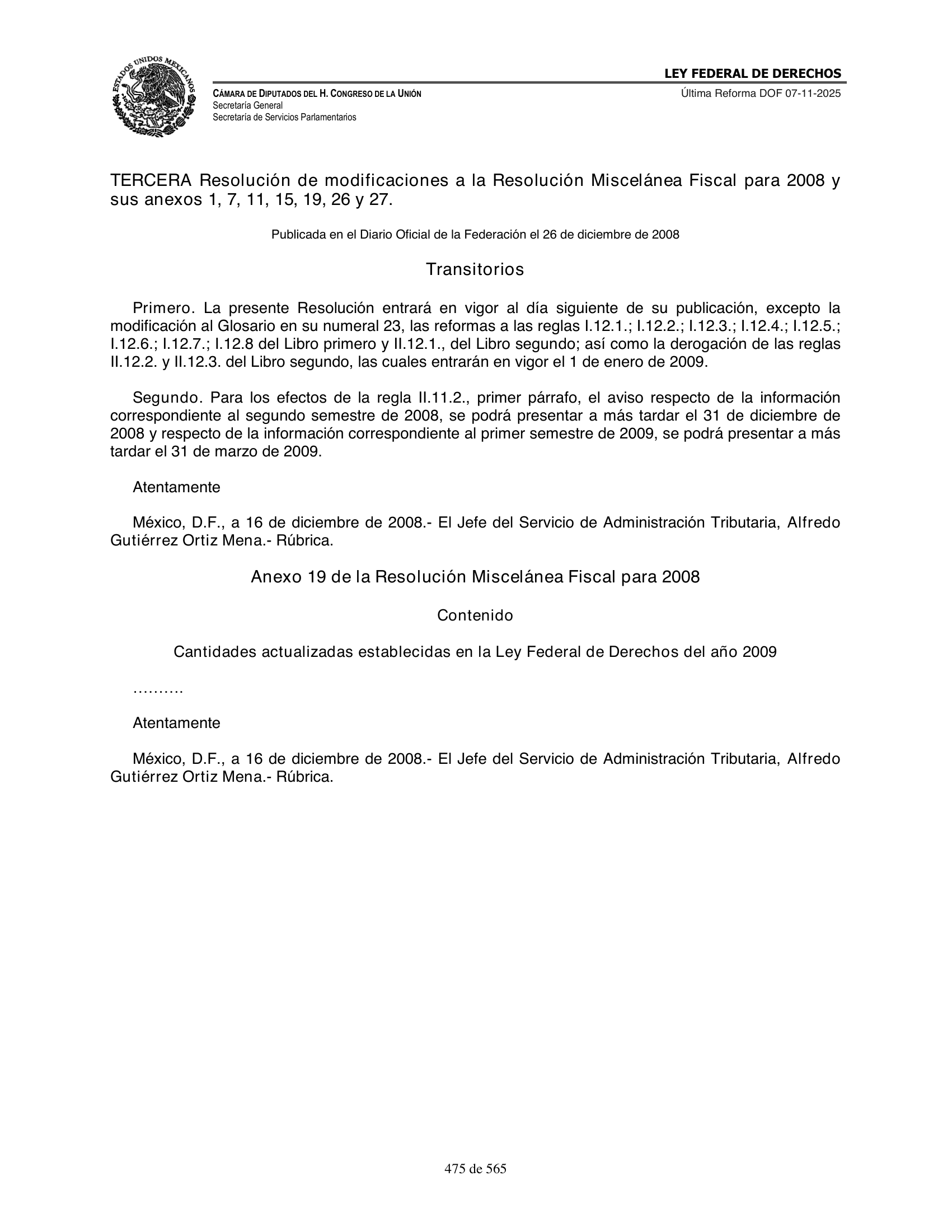Ley Federal de Derechos — official Chamber compilation — original physical page 475 of 565; complete original page image governs, native search text may be incomplete.