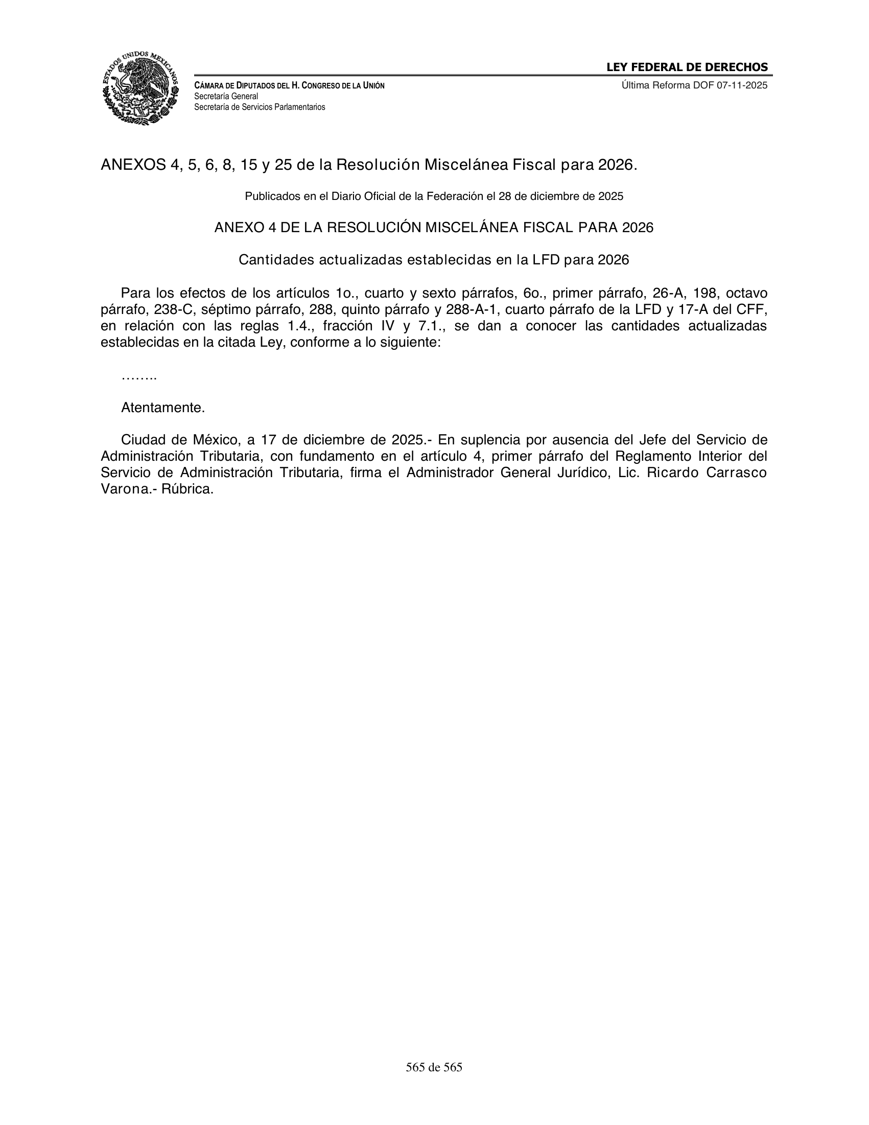 Ley Federal de Derechos — official Chamber compilation — original physical page 565 of 565; complete original page image governs, native search text may be incomplete.