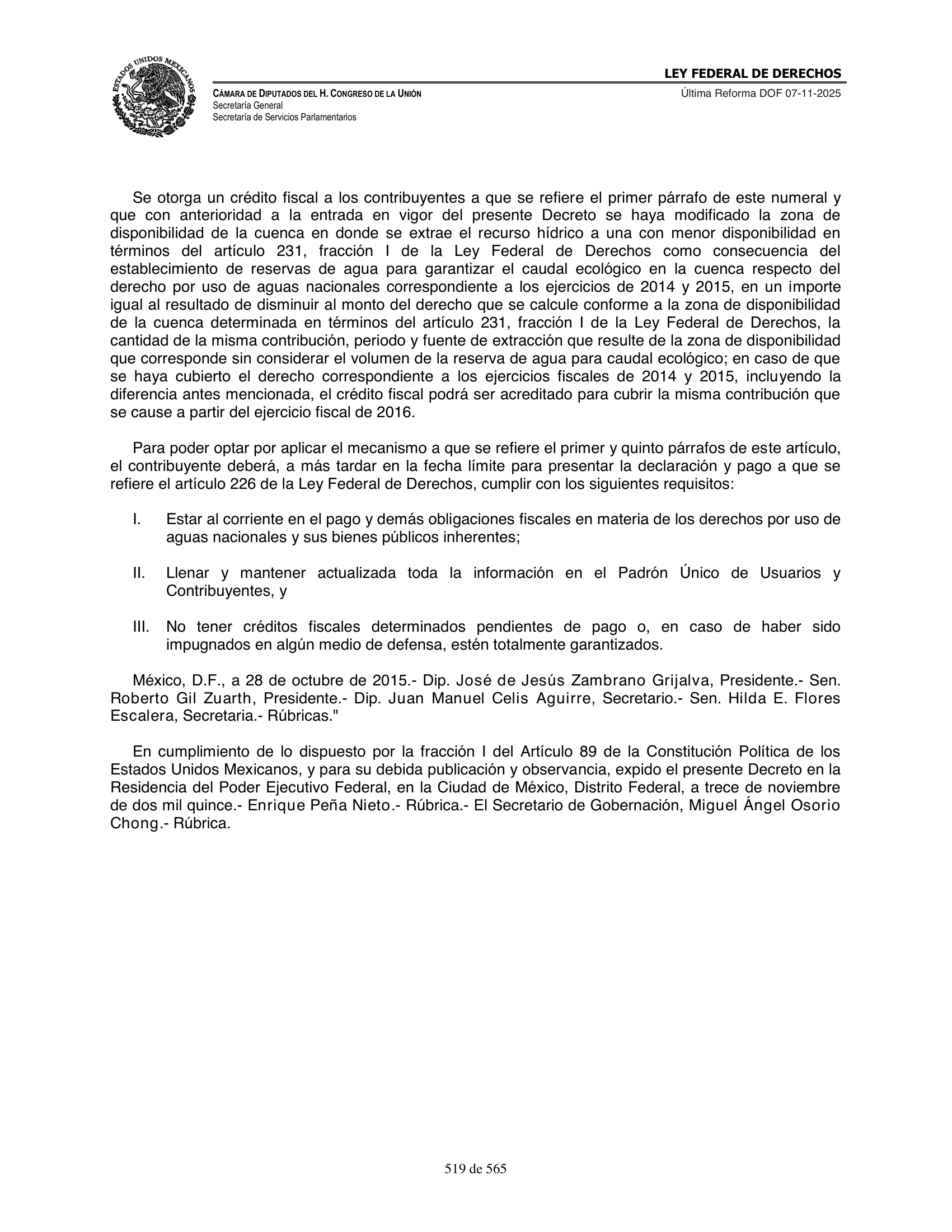 Ley Federal de Derechos — official Chamber compilation — original physical page 519 of 565; complete original page image governs, native search text may be incomplete.