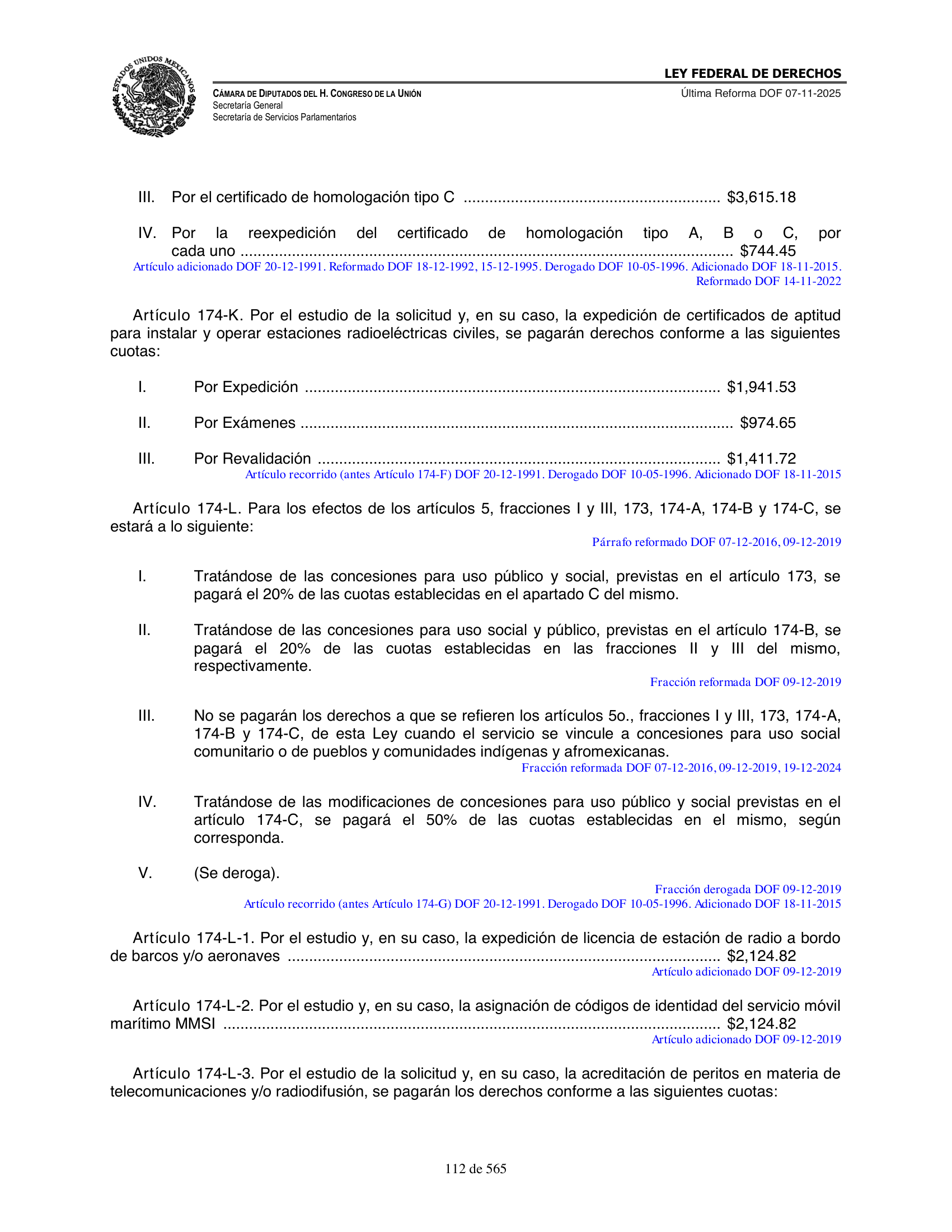 Ley Federal de Derechos — official Chamber compilation — original physical page 112 of 565; complete original page image governs, native search text may be incomplete.