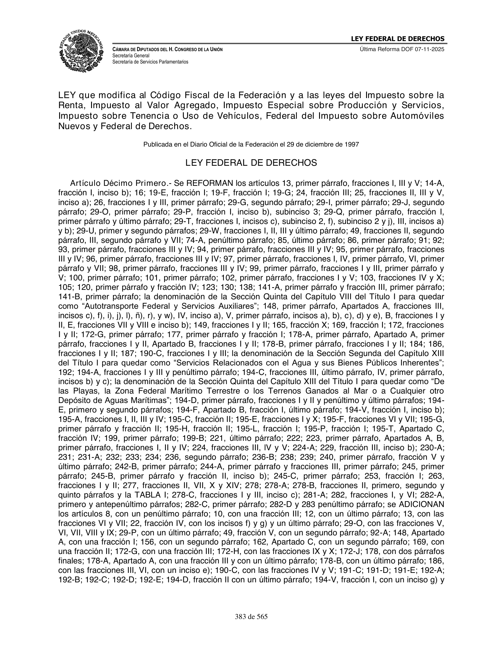 Ley Federal de Derechos — official Chamber compilation — original physical page 383 of 565; complete original page image governs, native search text may be incomplete.