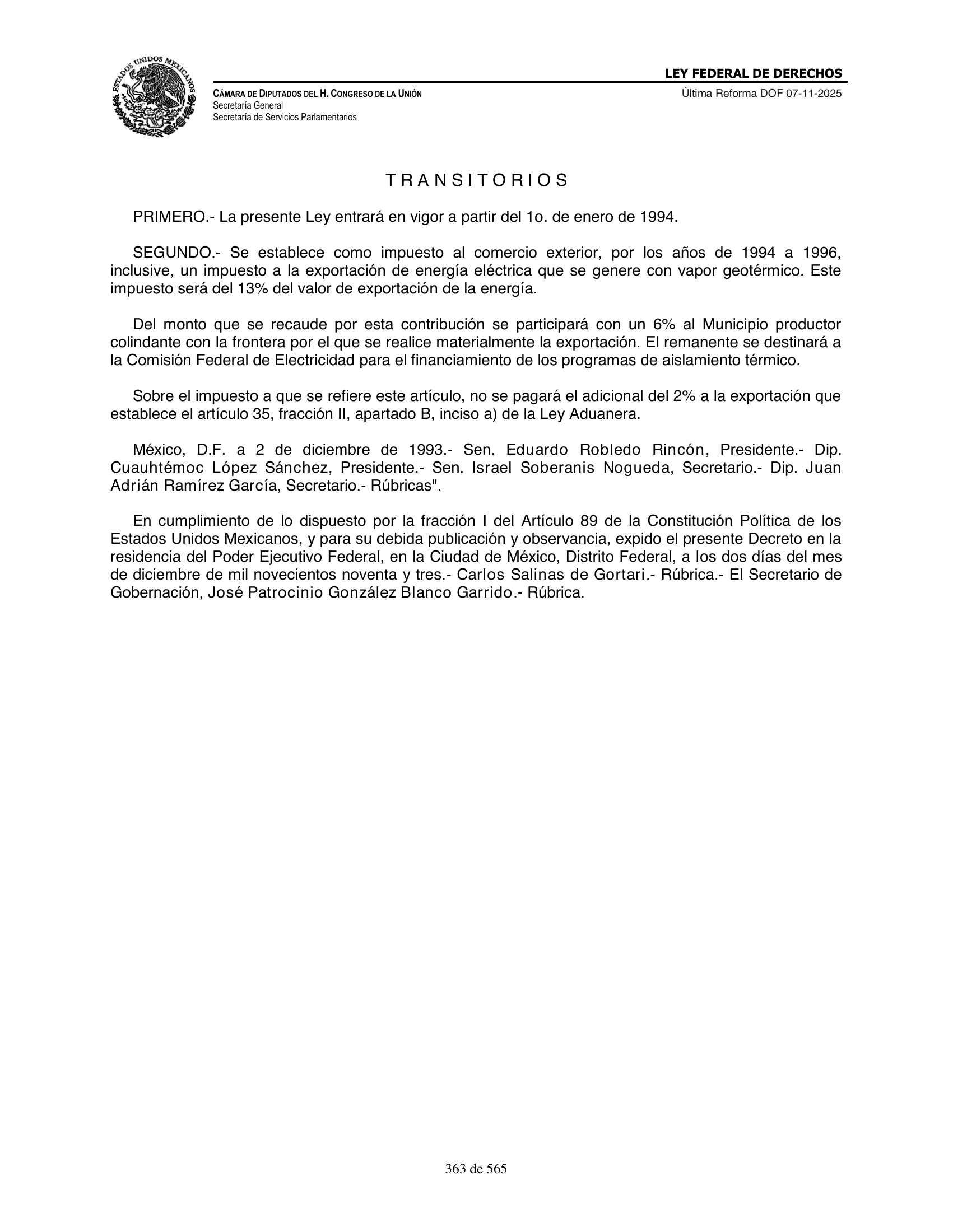 Ley Federal de Derechos — official Chamber compilation — original physical page 363 of 565; complete original page image governs, native search text may be incomplete.
