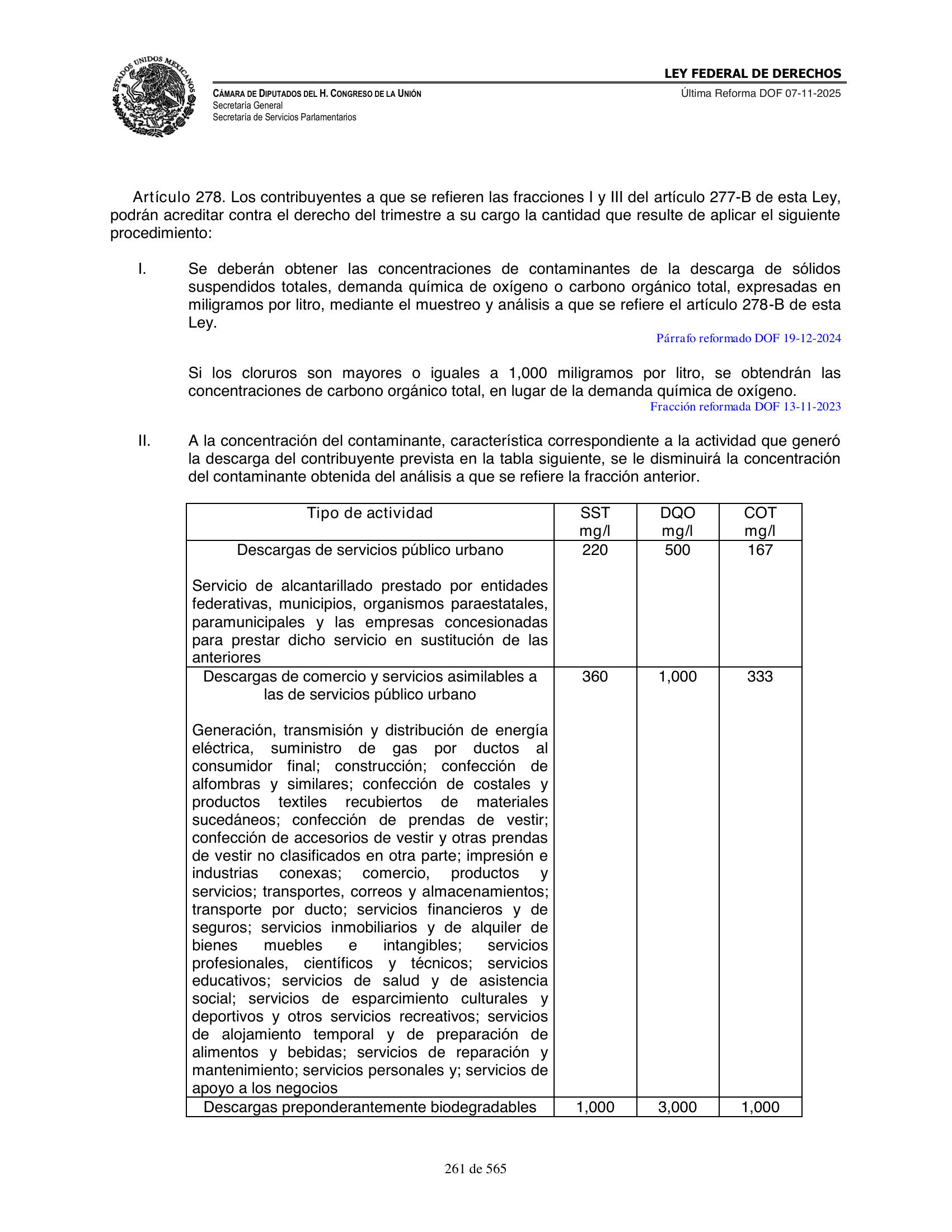 Ley Federal de Derechos — official Chamber compilation — original physical page 261 of 565; complete original page image governs, native search text may be incomplete.