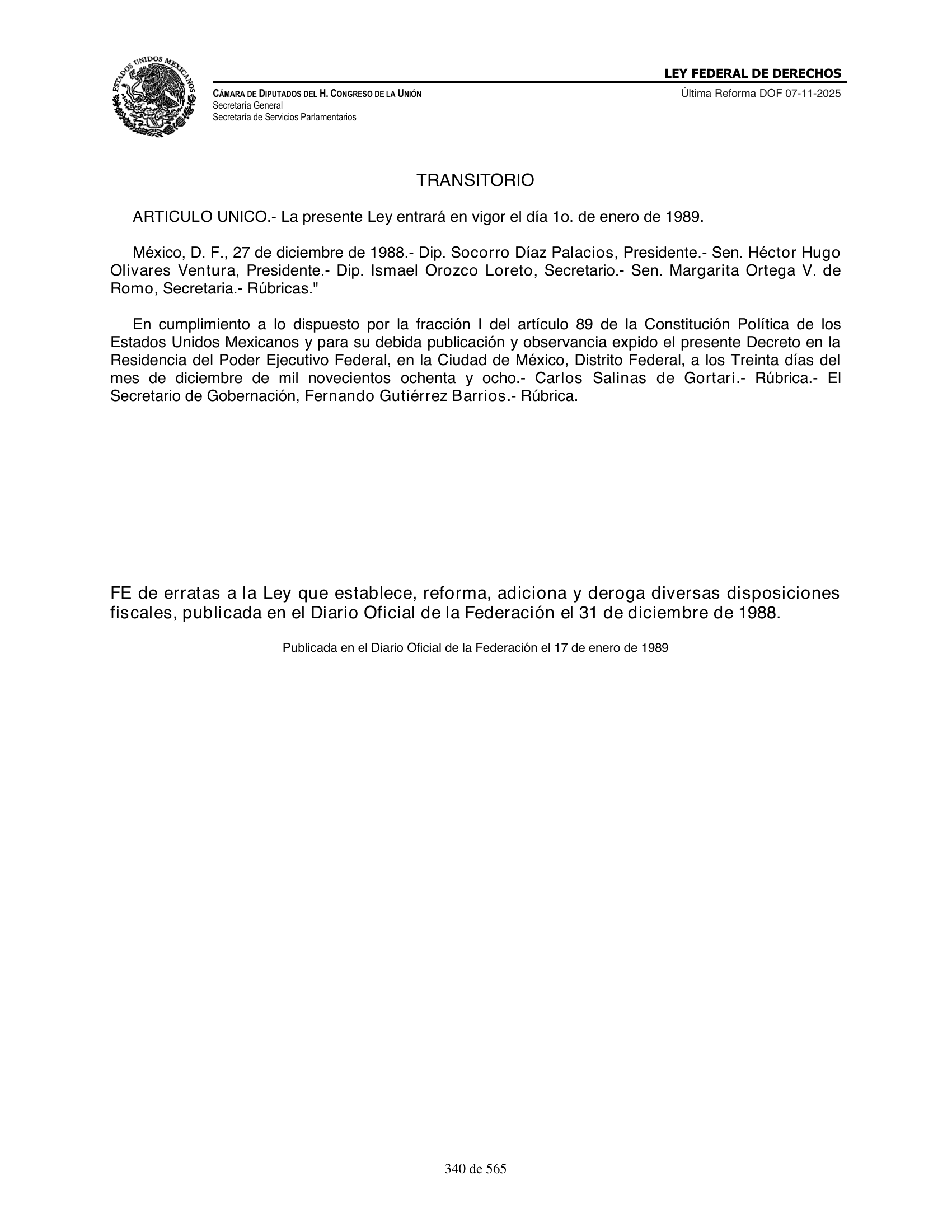 Ley Federal de Derechos — official Chamber compilation — original physical page 340 of 565; complete original page image governs, native search text may be incomplete.